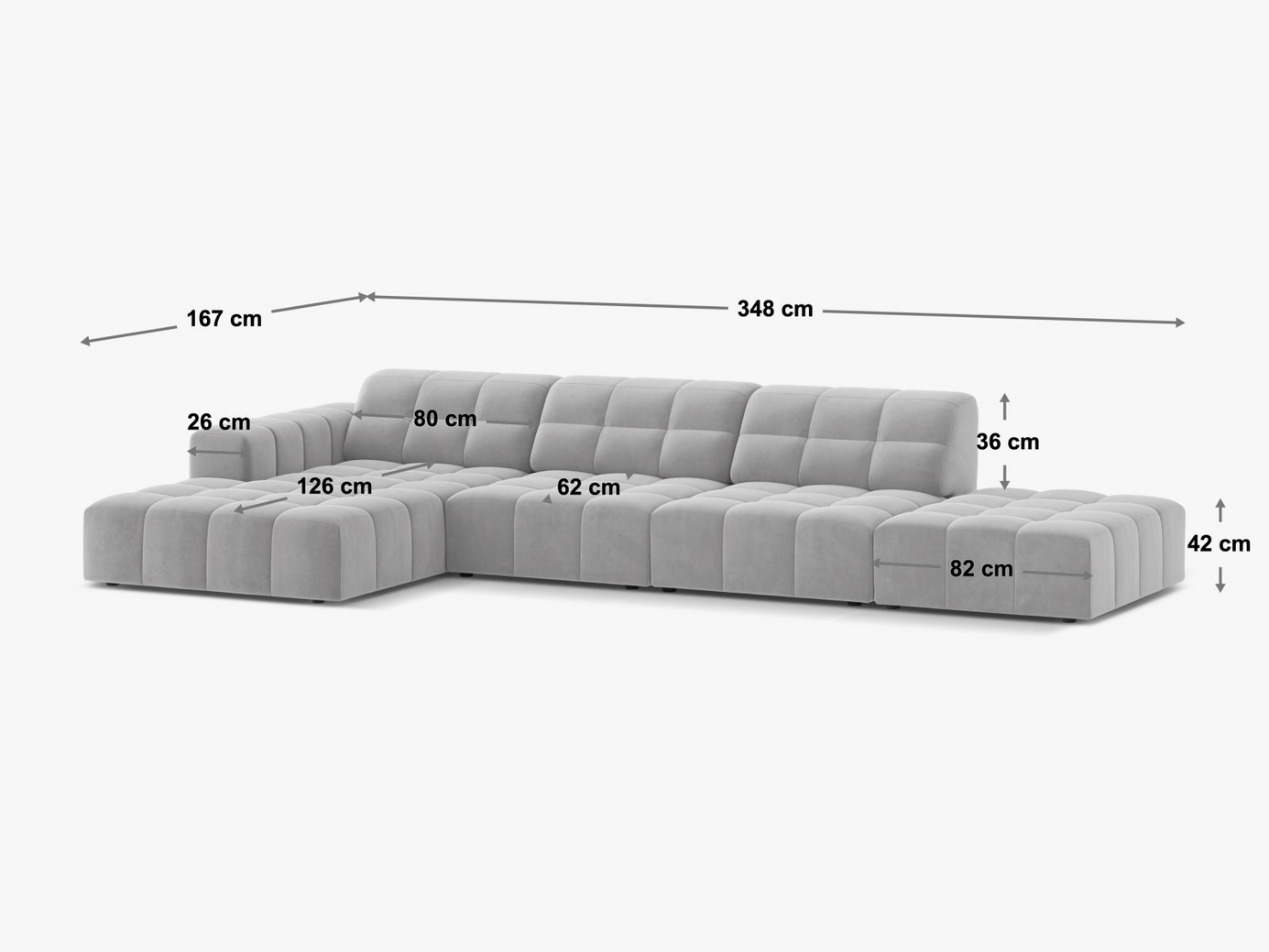 Cosmopolitan Design venstrevendt velourhjørnesofa, "Chicago", 5-personers, 348 × 167 × 78 cm, Bluvel, sorte plastben