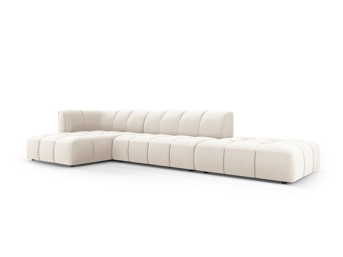 Cosmopolitan Design venstrevendt velourmodulhjørnesofa, "Moritz", 5-personers, 323 × 160 × 70 cm, Bluvel, sorte plastben