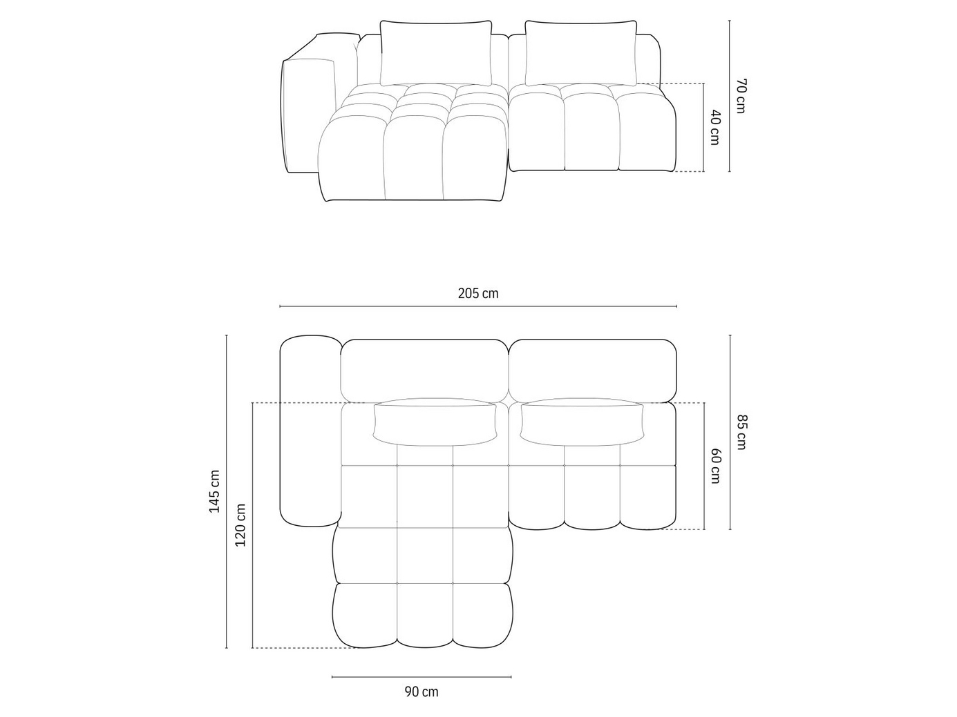 Cosmopolitan Design venstrevendt modulhjørnesofa, "Verona", 3-personers, 205 × 145 × 70 cm, Sorella, sorte plastben