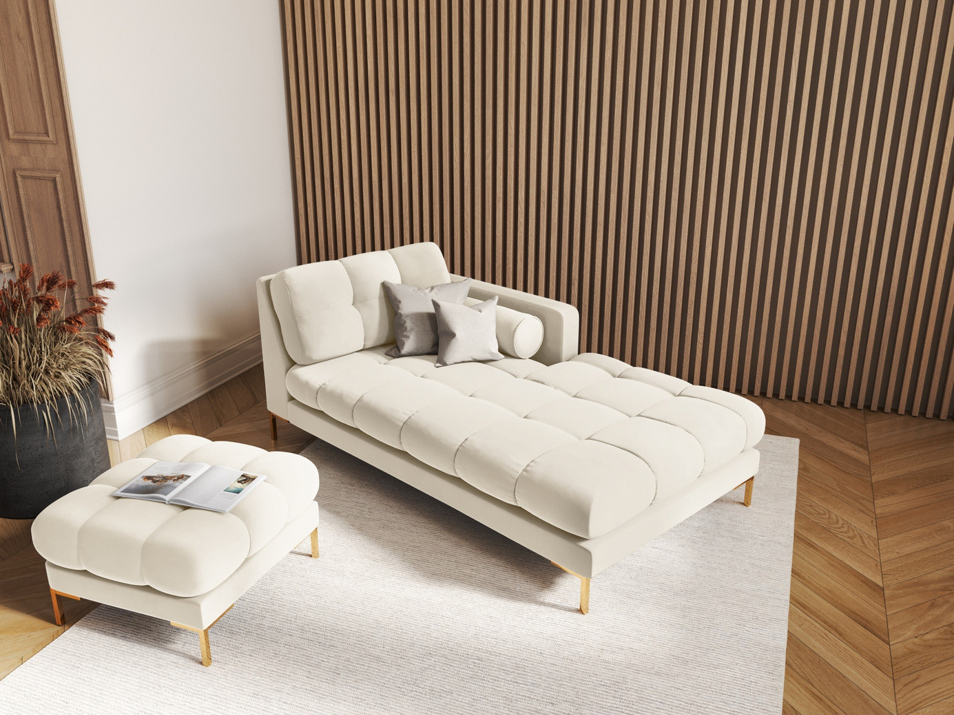 Cosmopolitan Design velourpuf, "Bali", 1-personers, 60 × 60 × 41 cm, Bluvel, guldfarvede metalben