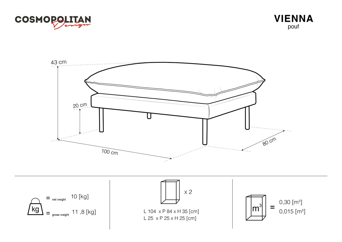 Cosmopolitan Design bouclé-puf, "Vienna", 1-personers, 93 × 73 × 43 cm, Ascot, sorte metalben