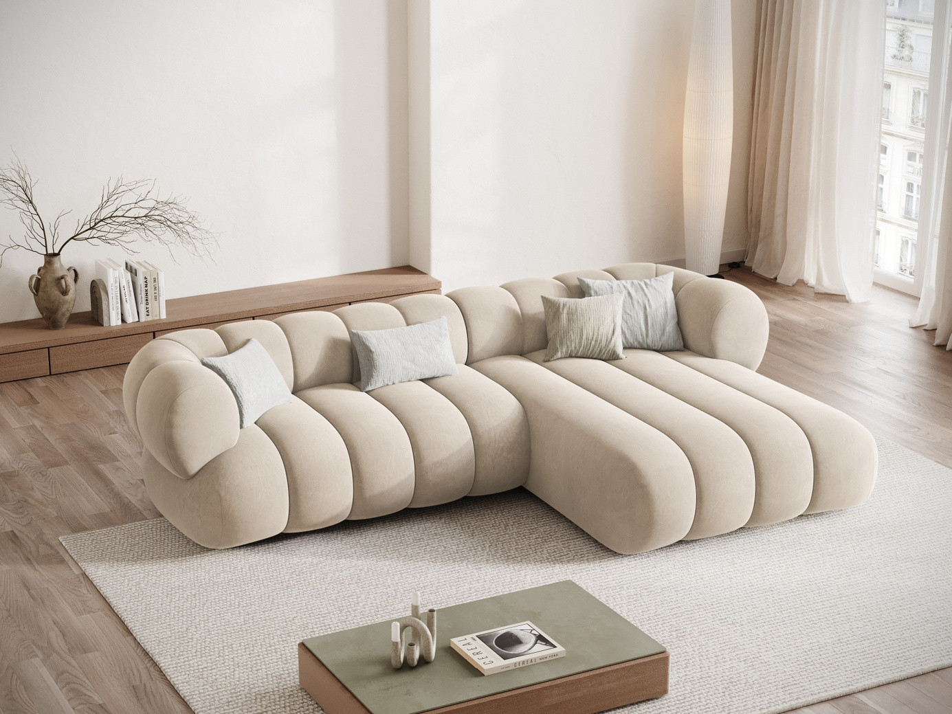 Cosmopolitan Design højrevendt velourhjørnesofa, "Koge", 5-personers, 270 × 165 × 70 cm, Vogue, sorte plastben
