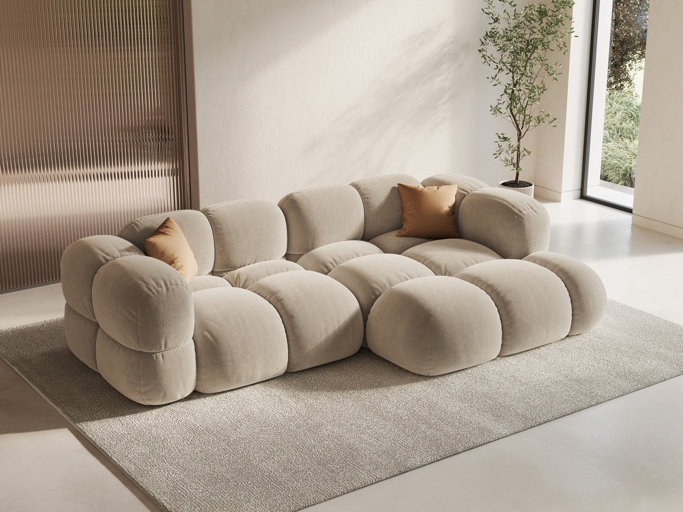 Cosmopolitan Design højrevendt velourhjørnesofa, "Loretto", 3-personers, 250 × 147 × 68 cm, Vogue, sorte plastben