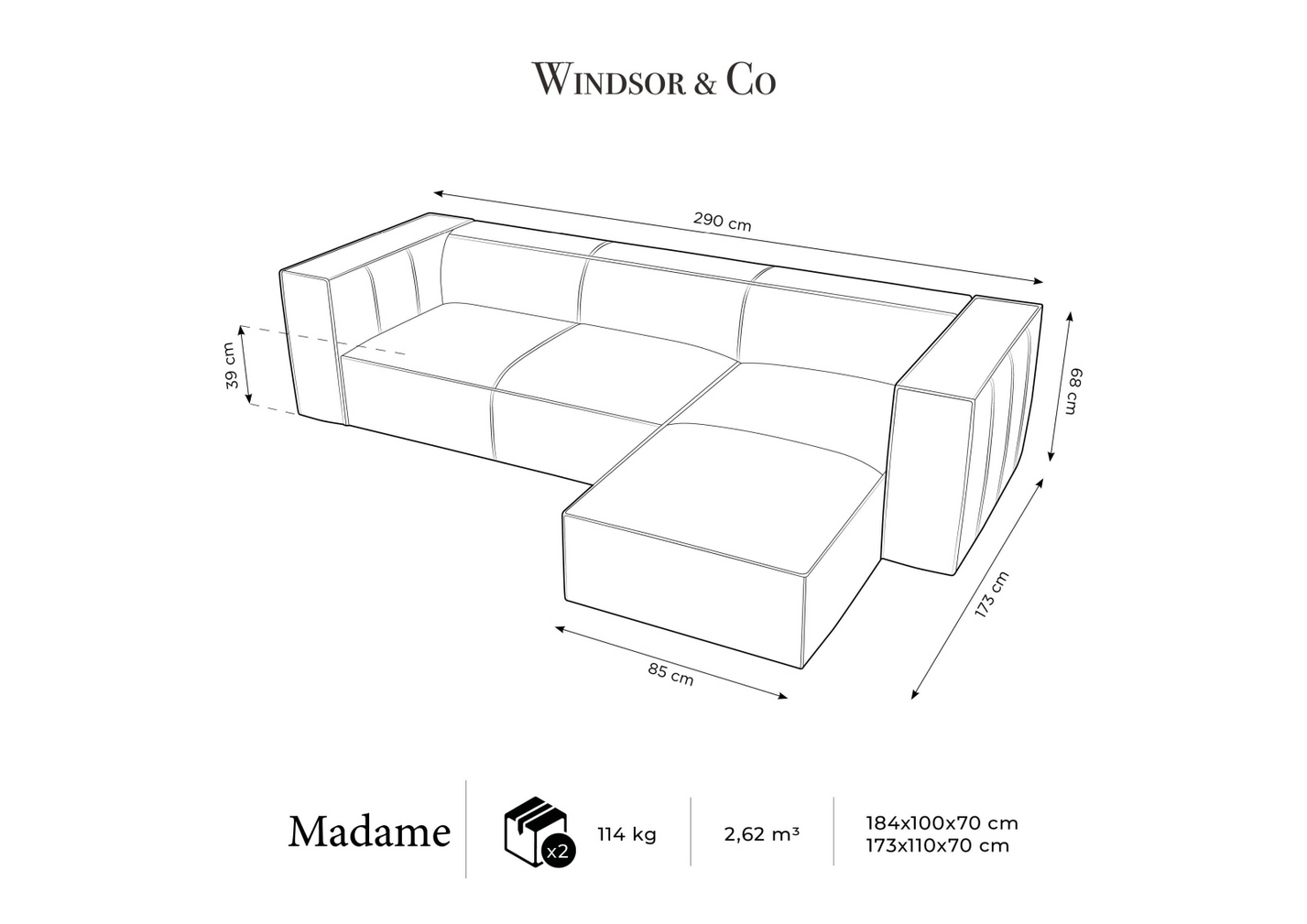Cosmopolitan Design højrevendt hjørnesofa, "Turin", 5-personers, 290 × 173 × 68 cm, Rosario, ben i sort bøg
