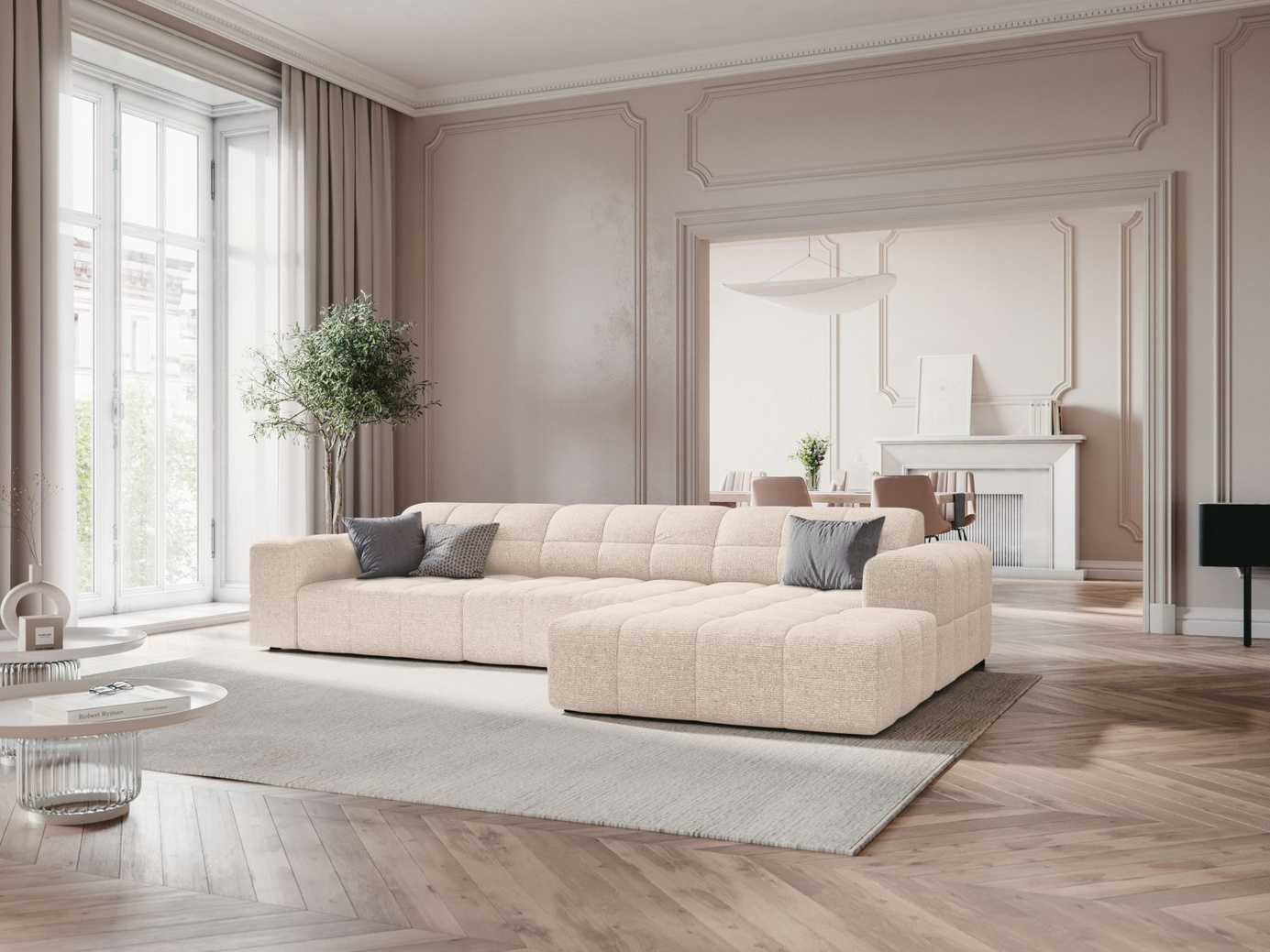 Cosmopolitan Design højrevendt hjørnesofa, "Chicago", 4-personers, 294 × 167 × 78 cm, Haga, sorte plastben