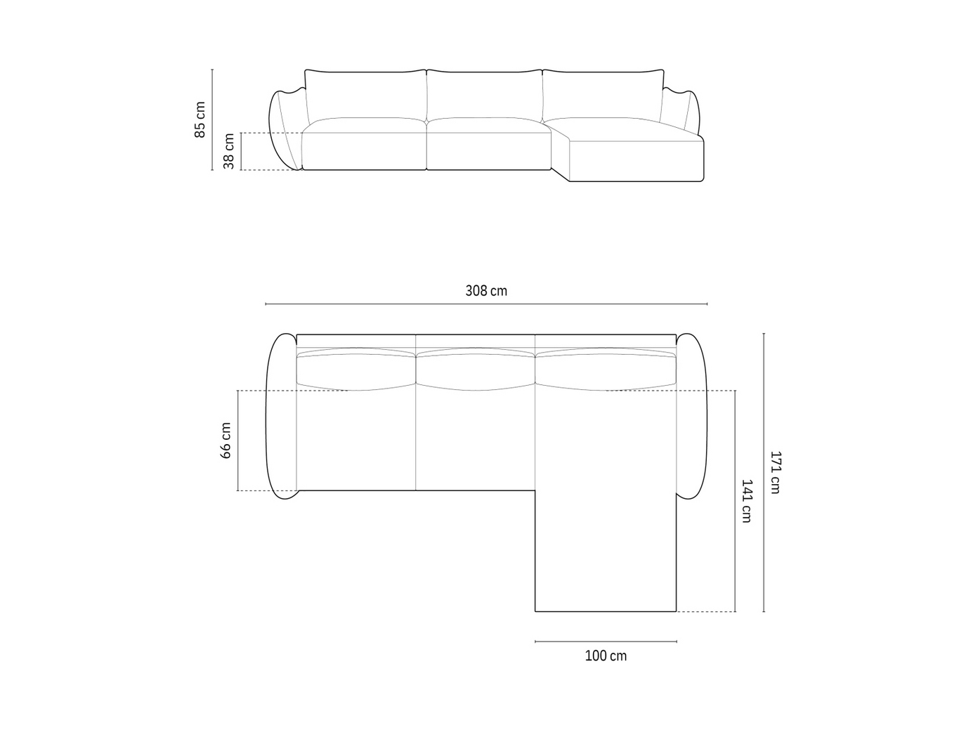 Cosmopolitan Design højrevendt hjørnesofa, "Matera", 4-personers, 308 × 171 × 85 cm, Haga, sorte plastben