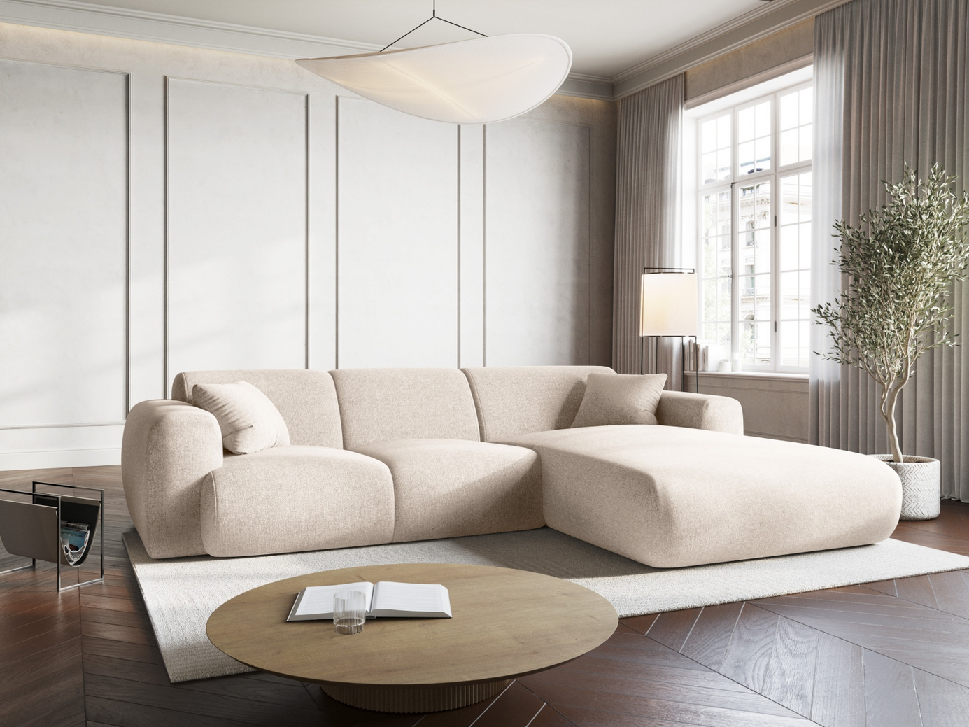Cosmopolitan Design højrevendt hjørnesofa, "Nolio", 4-personers, 260 × 170 × 72 cm, Haga, sorte plastben