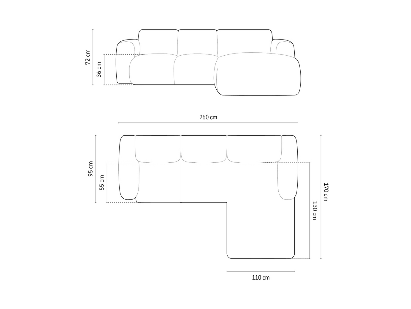 Cosmopolitan Design højrevendt hjørnesofa, "Nolio", 4-personers, 260 × 170 × 72 cm, Haga, sorte plastben