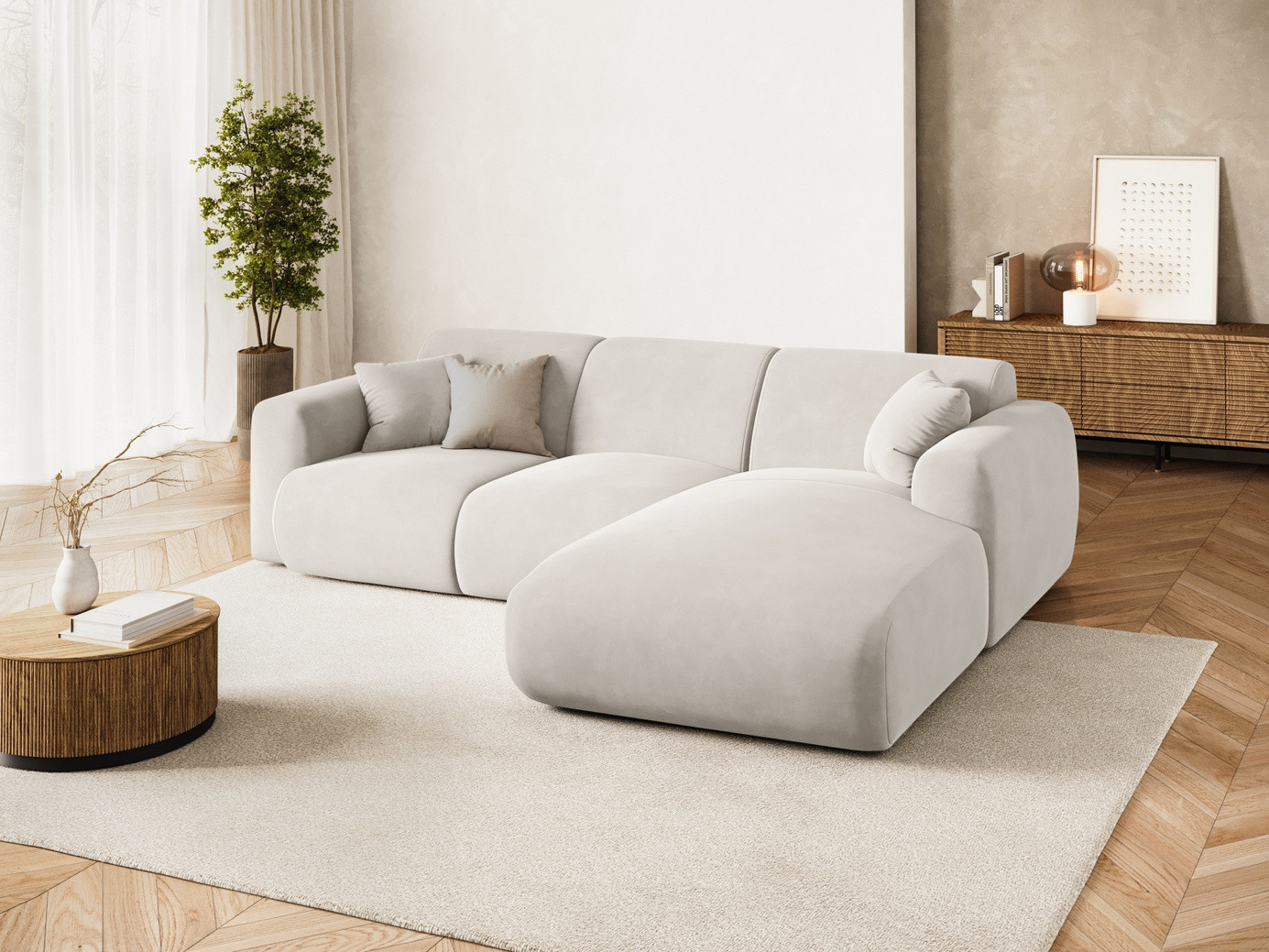 Cosmopolitan Design højrevendt velourhjørnesofa, "Nolio", 4-personers, 260 × 170 × 72 cm, Casino, sorte plastben