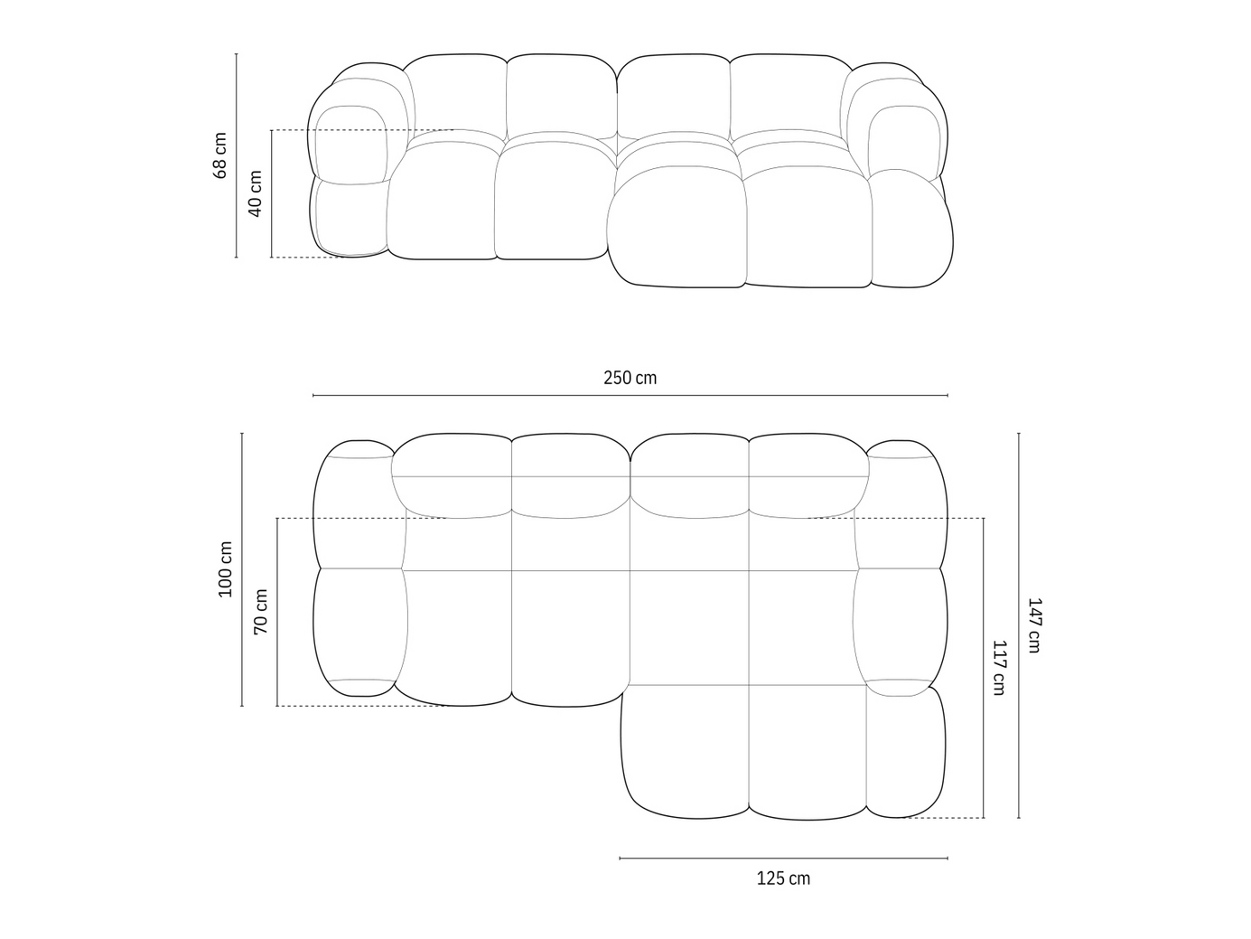 Cosmopolitan Design højrevendt hjørnesofa, "Loretto", 3-personers, 250 × 147 × 68 cm, Sorella, sorte plastben