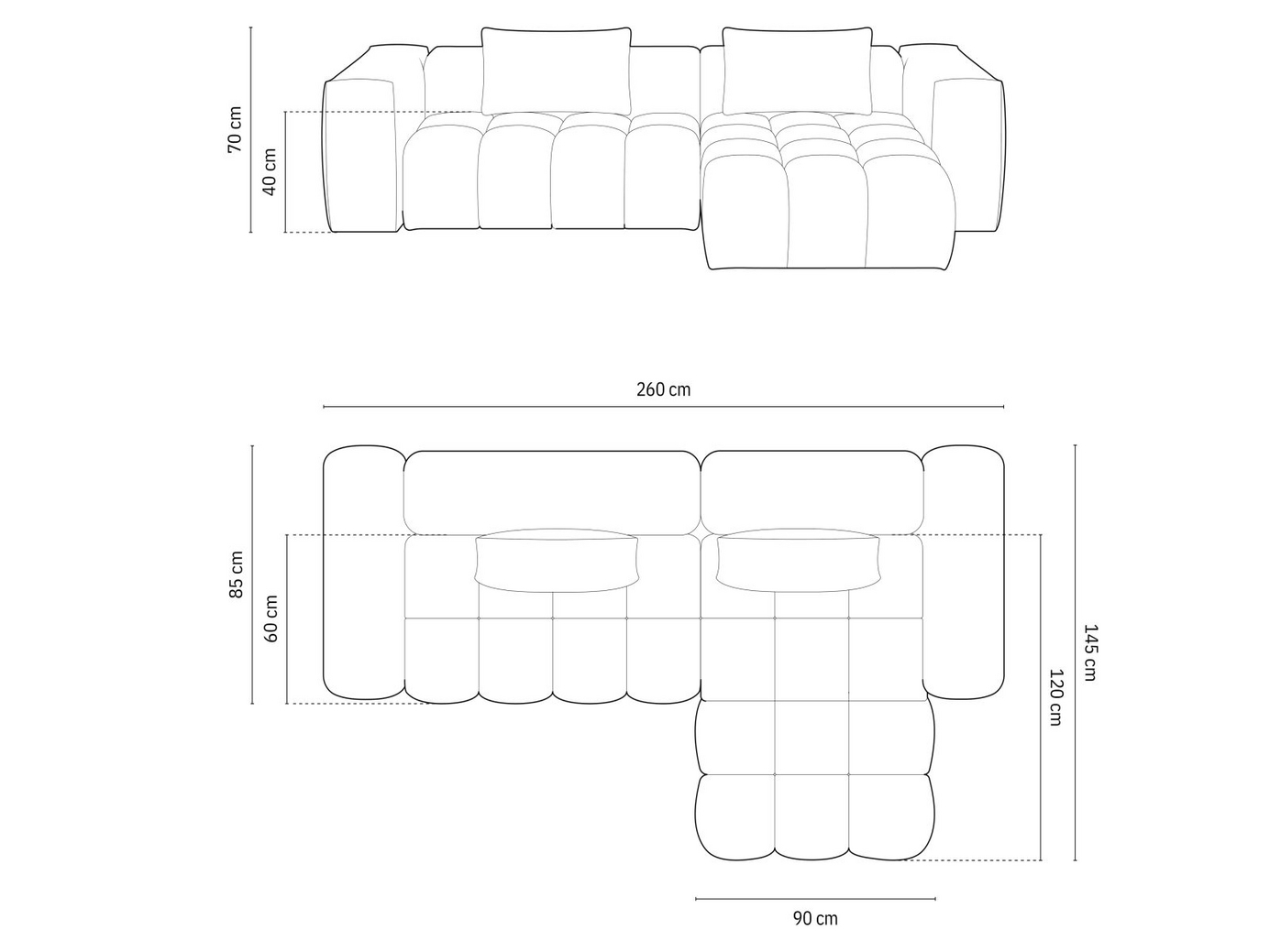 Cosmopolitan Design højrevendt modulhjørnesofa, "Verona", 3-personers, 260 × 145 × 70 cm, Sorella, sorte plastben