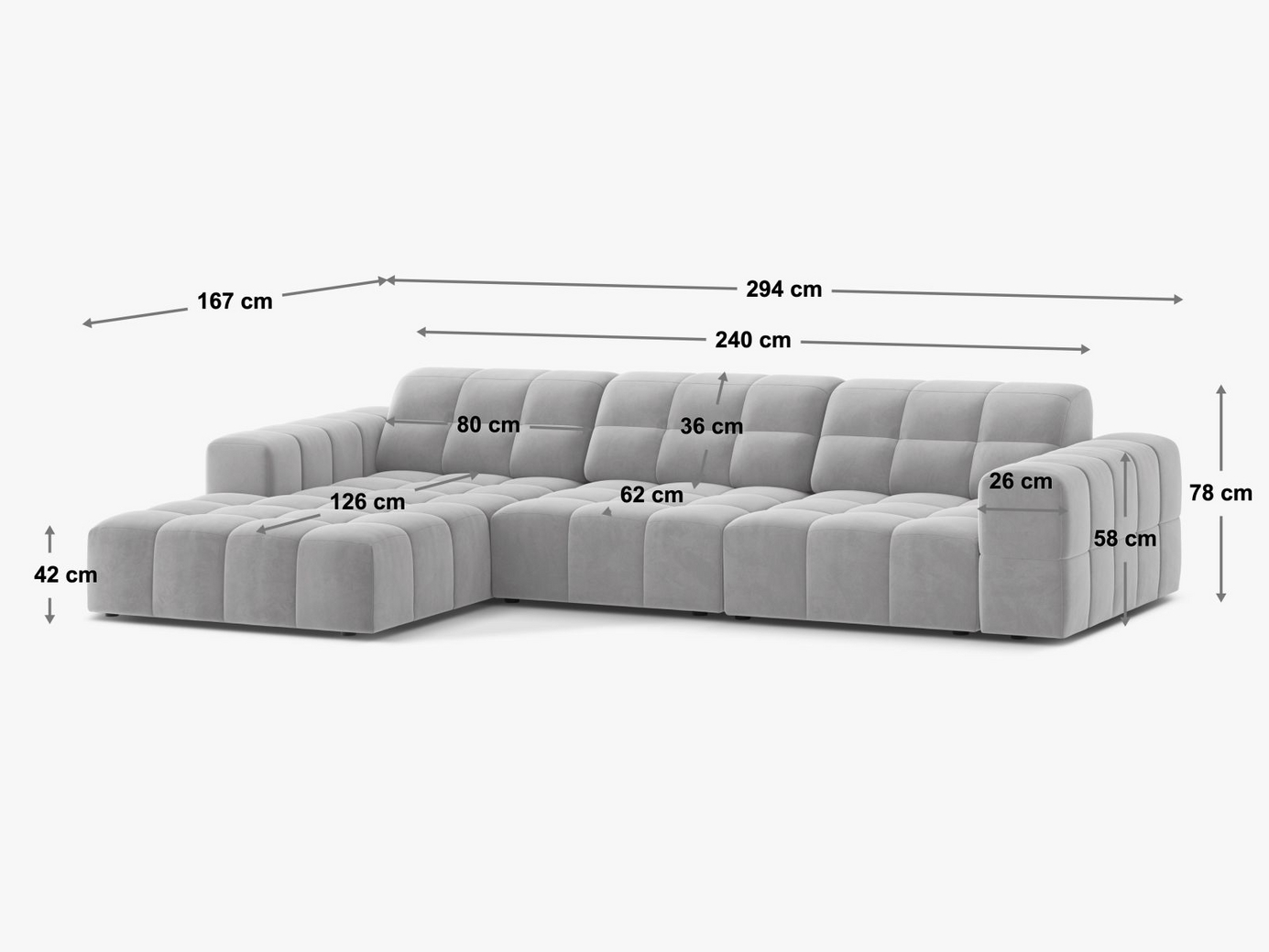 Cosmopolitan Design højrevendt hjørnesofa, "Chicago", 4-personers, 294 × 167 × 78 cm, Eden 10, sorte plastben