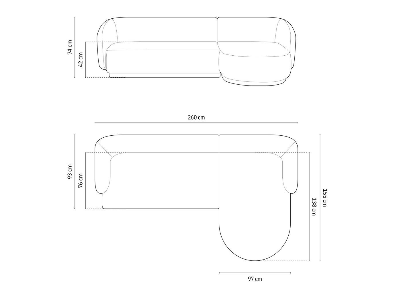 Cosmopolitan Design højrevendt velourhjørnesofa, "Gomera", 4-personers, 260 × 155 × 74 cm, Salvador, sorte plastben