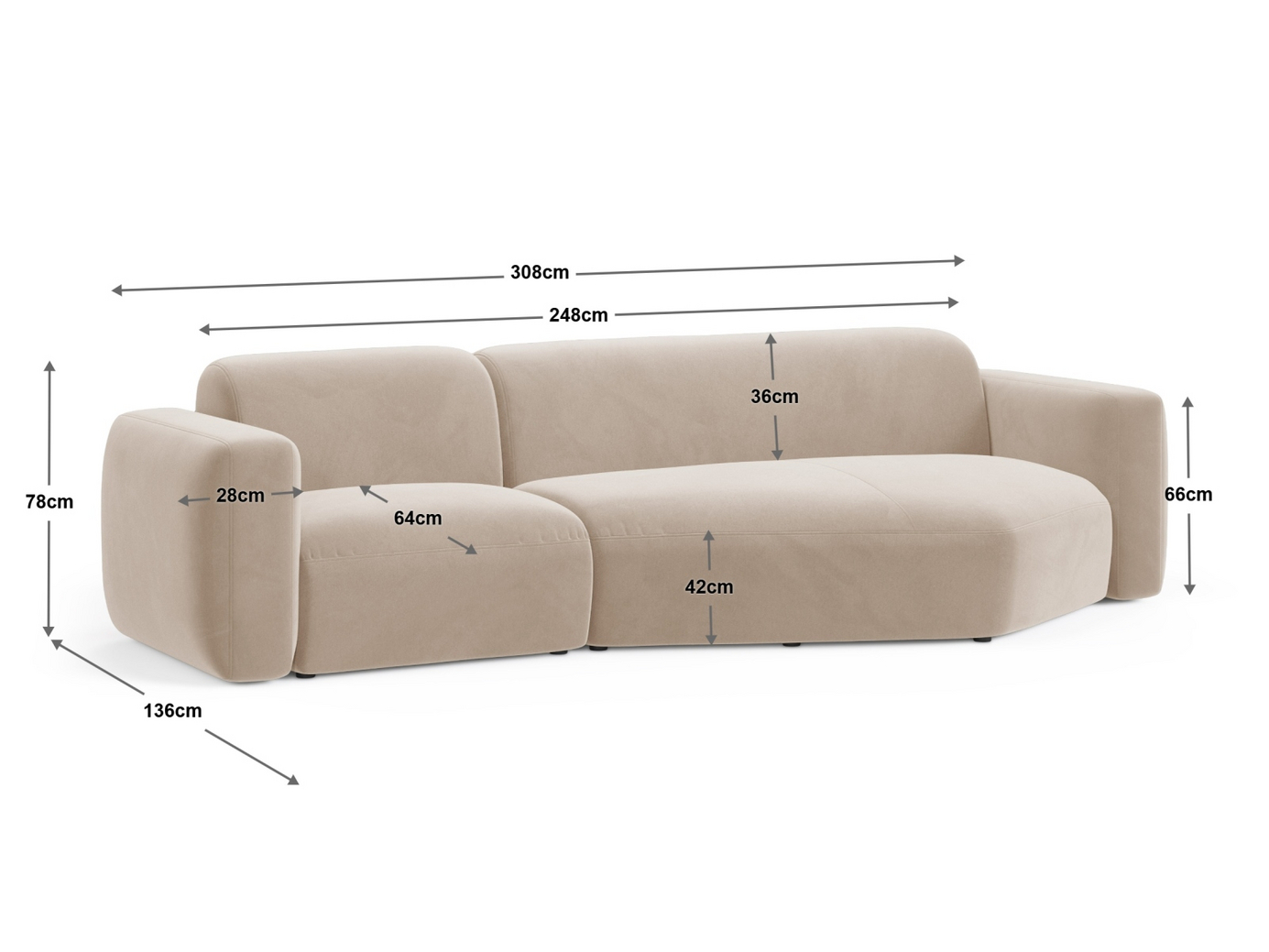 Cosmopolitan Design højrevendt velourmodulhjørnesofa, "Strino", 3-personers, 308 × 136 × 78 cm, Salvador, sorte plastben