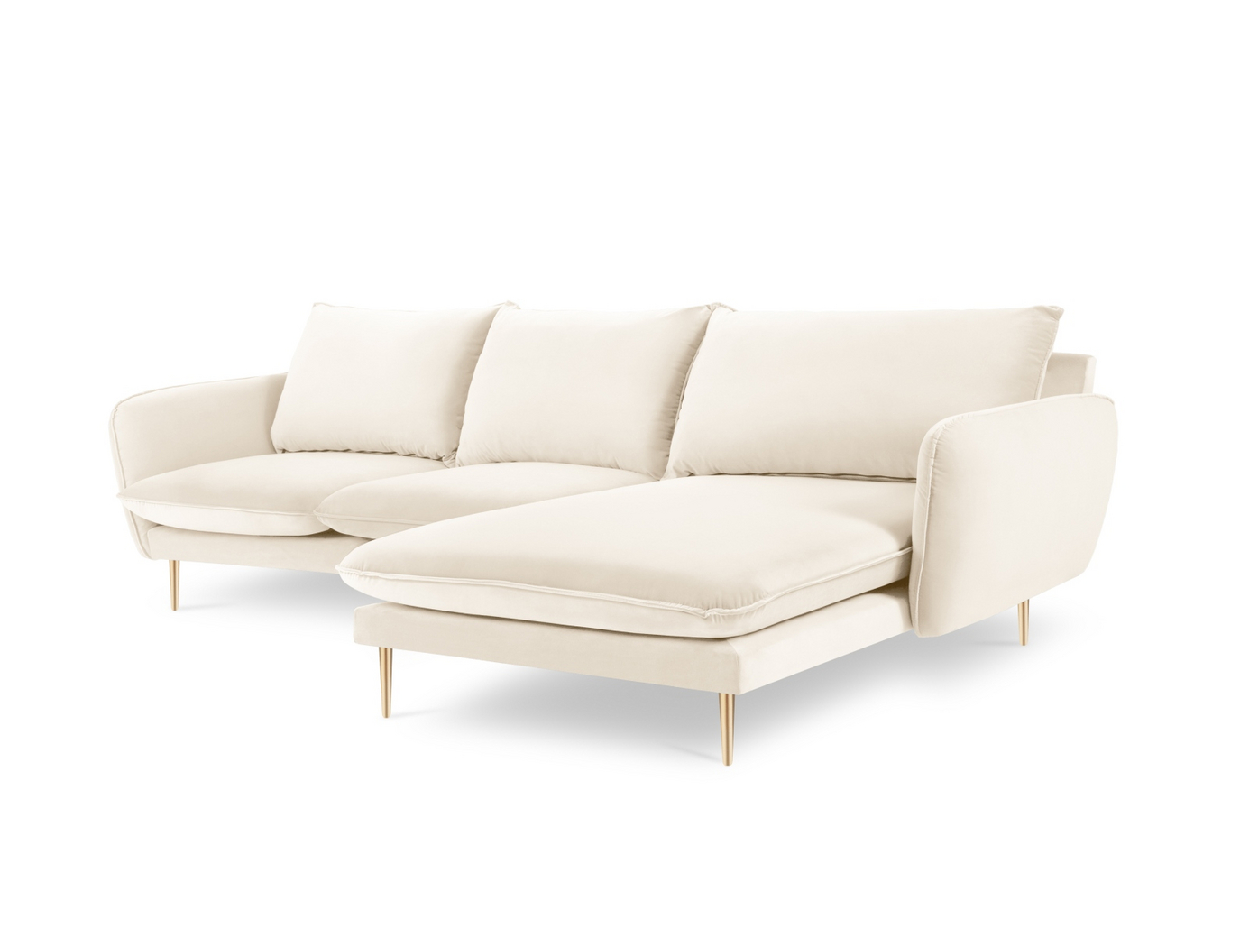 Cosmopolitan Design højrevendt velourhjørnesofa, "Vienna", 5-personers, 255 × 170 × 95 cm, Bluvel, guldfarvede metalben