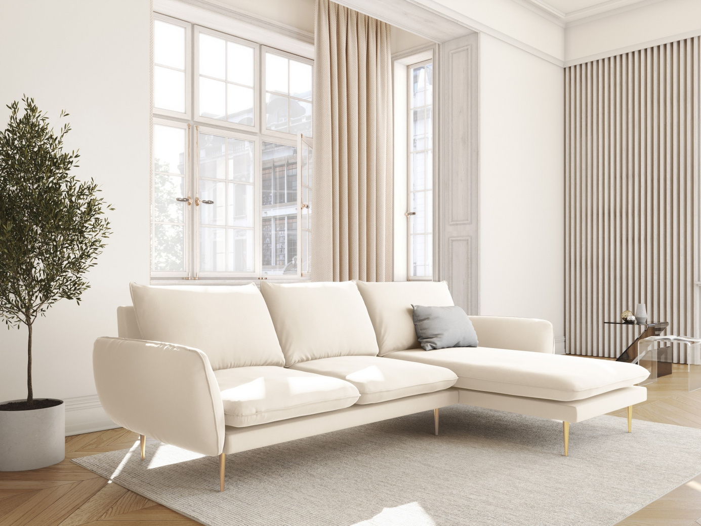 Cosmopolitan Design højrevendt velourhjørnesofa, "Vienna", 5-personers, 255 × 170 × 95 cm, Bluvel, guldfarvede metalben
