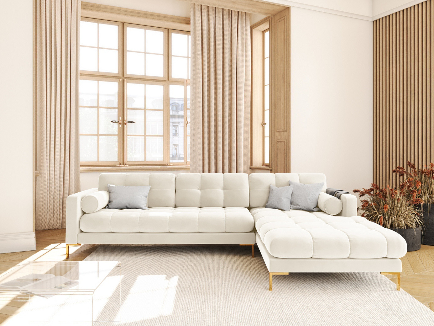 Cosmopolitan Design højrevendt velourhjørnesofa, "Bali", 5-personers, 293 × 185 × 75 cm, Bluvel, guldfarvede metalben