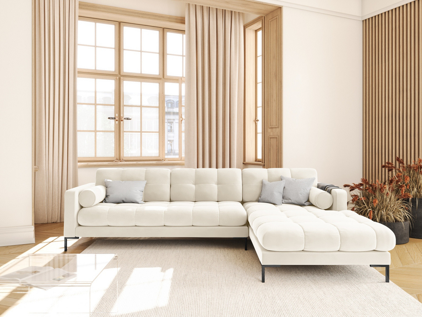 Cosmopolitan Design højrevendt velourhjørnesofa, "Bali", 5-personers, 293 × 185 × 75 cm, Bluvel, sorte metalben