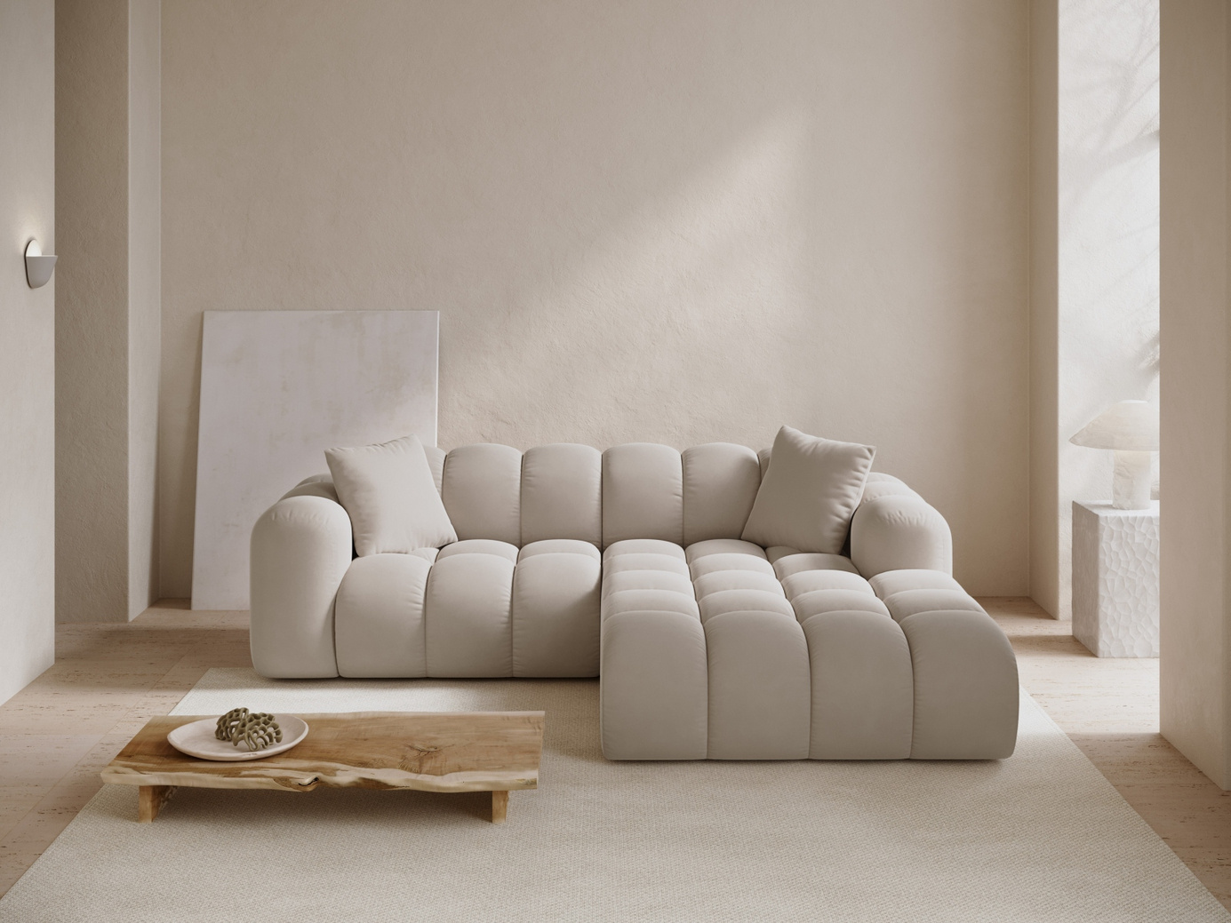 Cosmopolitan Design højrevendt velourhjørnesofa, "Treno", 3-personers, 240 × 184 × 70 cm, Bluvel, sorte plastben