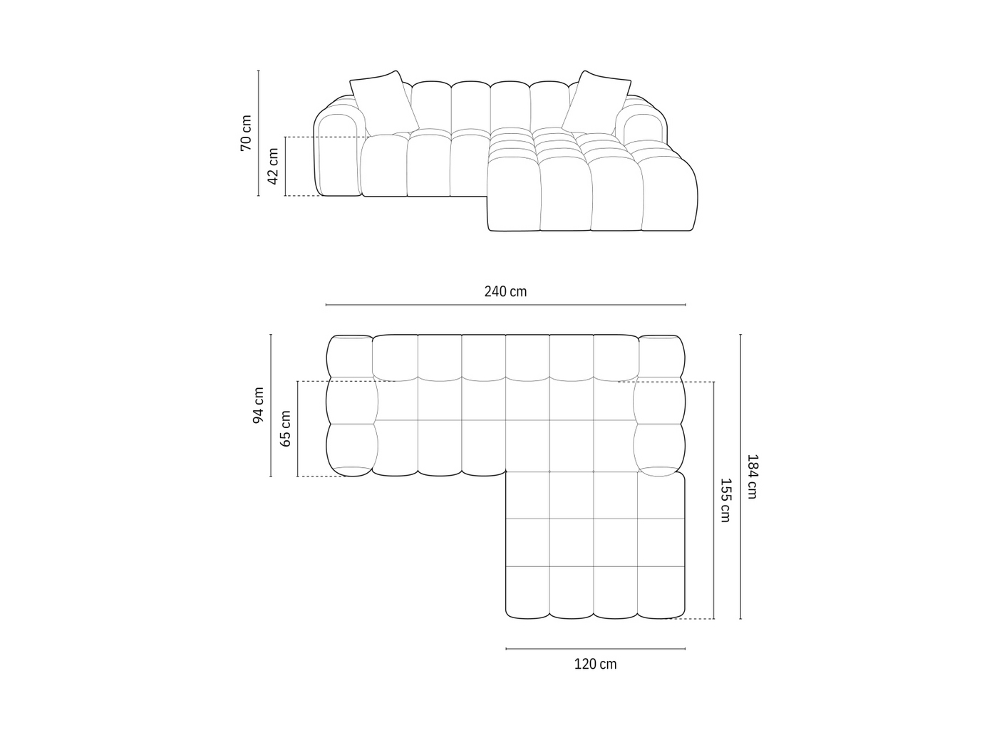 Cosmopolitan Design højrevendt velourhjørnesofa, "Treno", 3-personers, 240 × 184 × 70 cm, Bluvel, sorte plastben