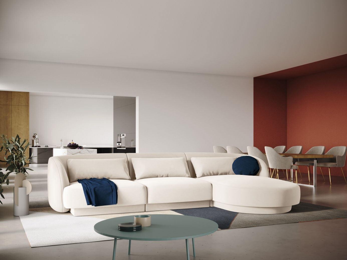 Cosmopolitan Design højrevendt velourhjørnesofa, "Tulum", 4-personers, 255 × 156 × 70 cm, Bluvel, sorte plastben