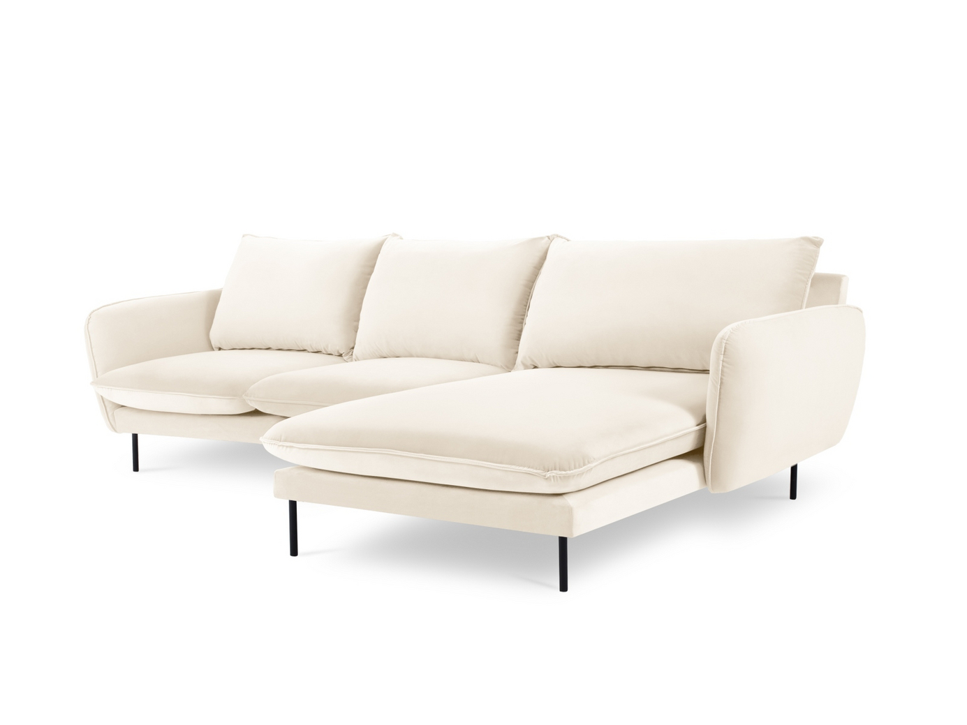 Cosmopolitan Design højrevendt velourhjørnesofa, "Vienna", 5-personers, 255 × 170 × 95 cm, Bluvel, sorte metalben