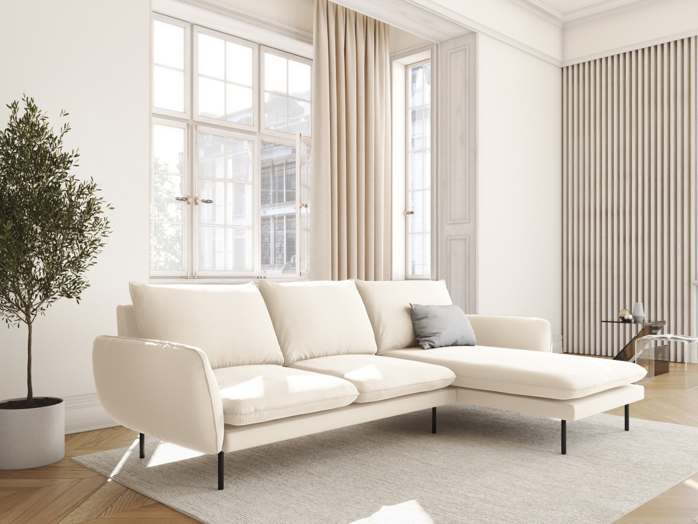 Cosmopolitan Design højrevendt velourhjørnesofa, "Vienna", 5-personers, 255 × 170 × 95 cm, Bluvel, sorte metalben