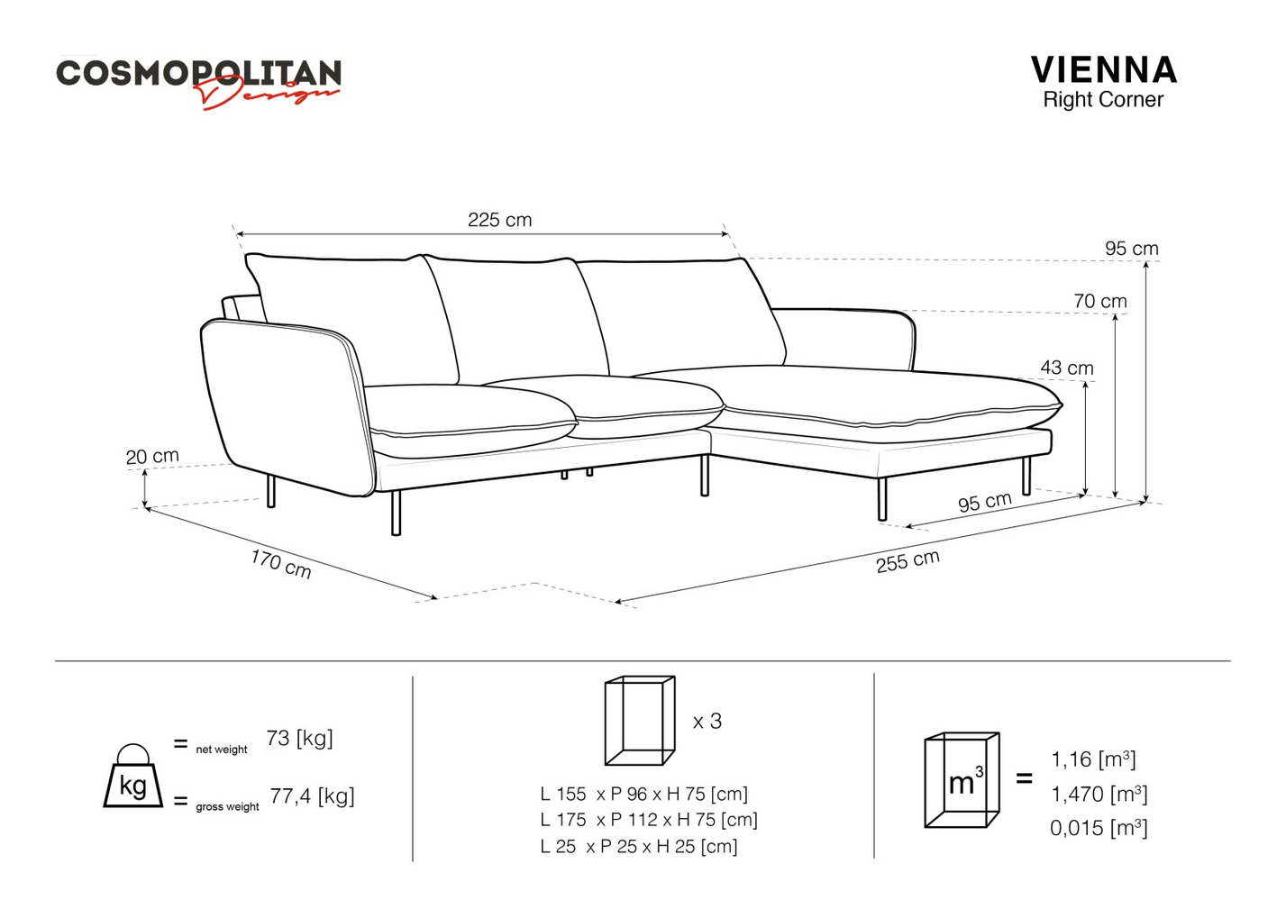 Cosmopolitan Design højrevendt velourhjørnesofa, "Vienna", 5-personers, 255 × 170 × 95 cm, Bluvel, sorte metalben