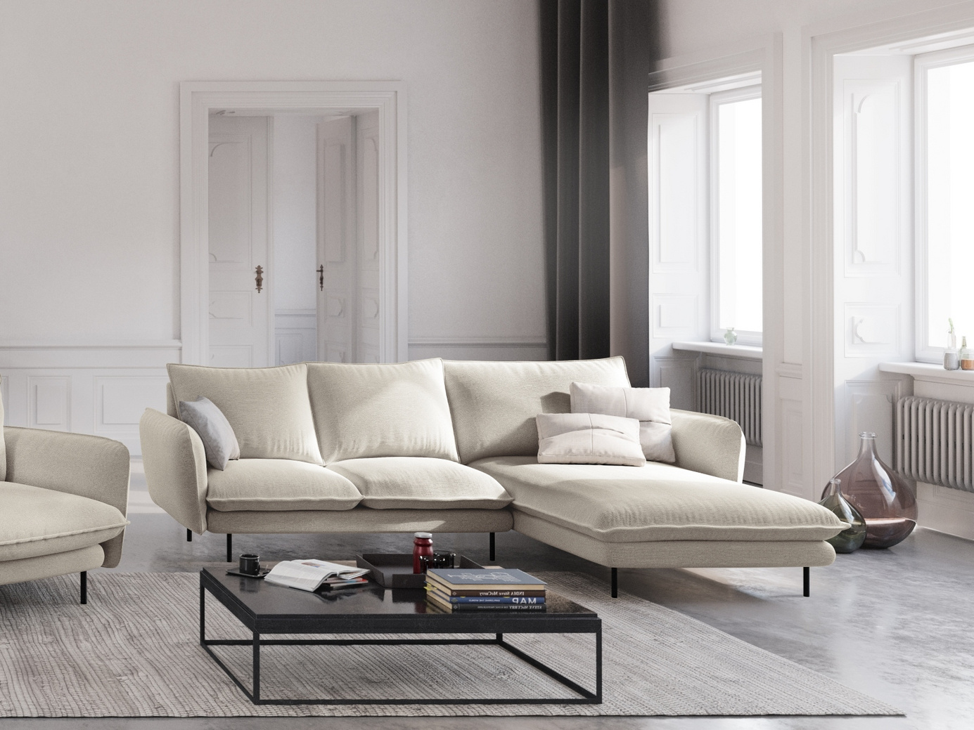 Cosmopolitan Design højrevendt hjørnesofa, "Vienna", 5-personers, 255 × 170 × 95 cm, Positano, sorte metalben