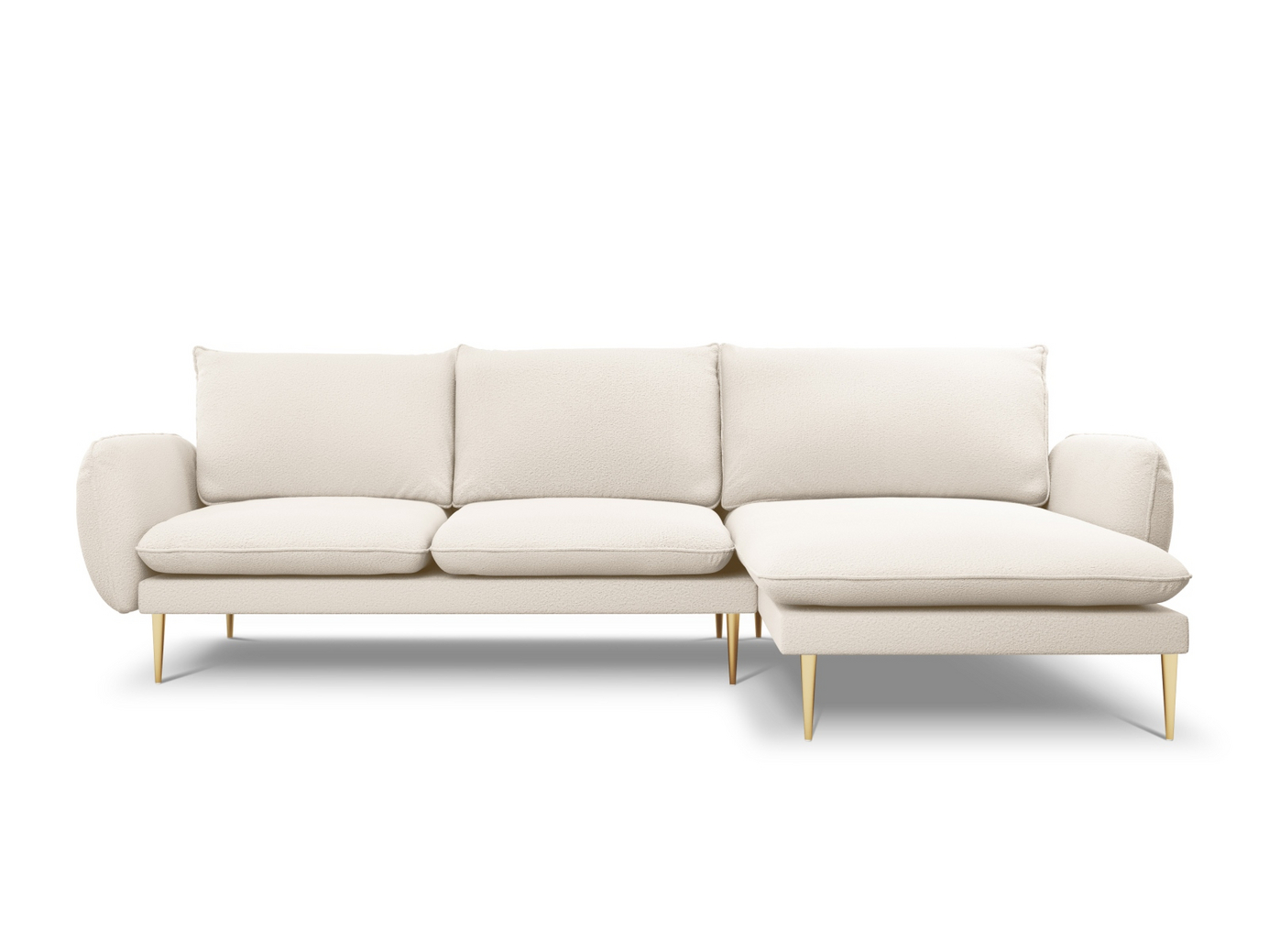 Cosmopolitan Design højrevendt bouclé-hjørnesofa, "Vienna", 5-personers, 255 × 170 × 95 cm, Ascot, guldfarvede metalben