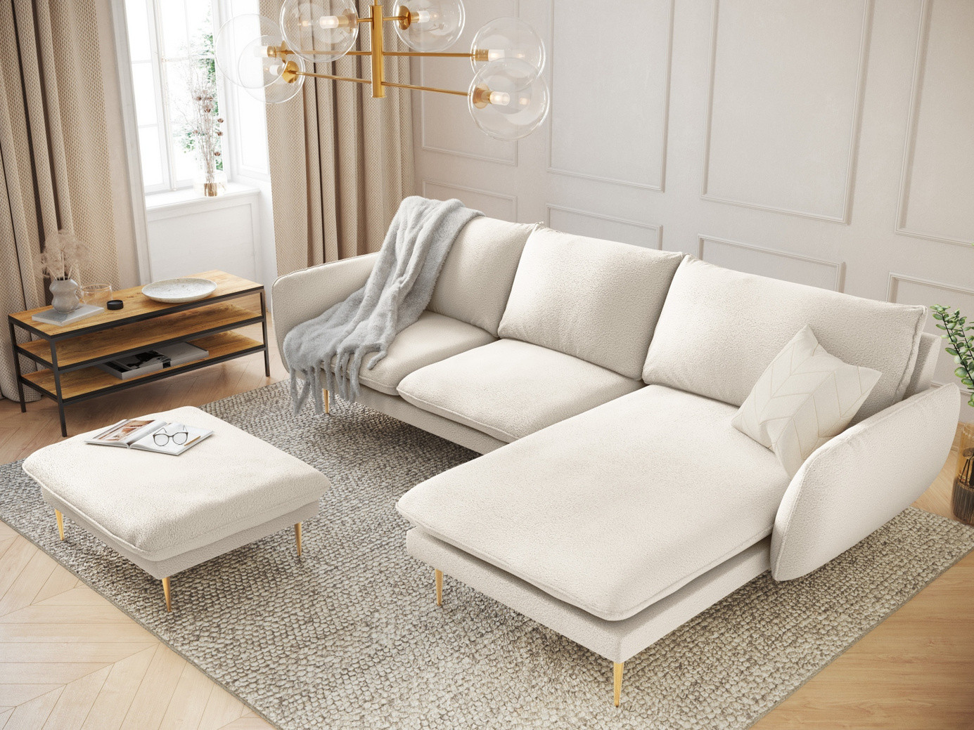 Cosmopolitan Design højrevendt bouclé-hjørnesofa, "Vienna", 5-personers, 255 × 170 × 95 cm, Ascot, guldfarvede metalben