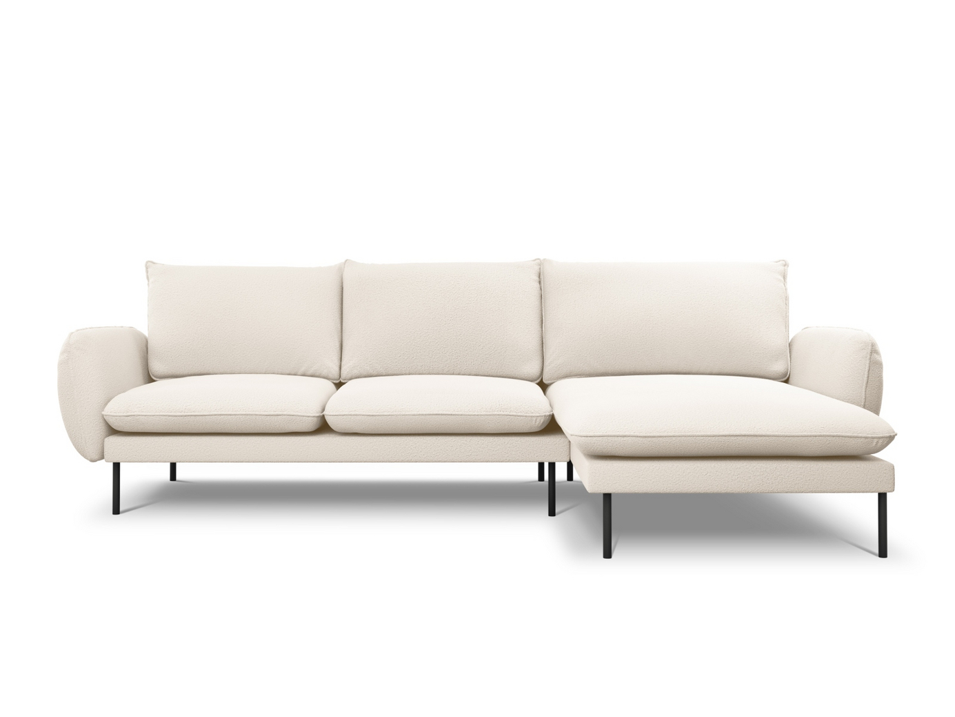 Cosmopolitan Design højrevendt bouclé-hjørnesofa, "Vienna", 5-personers, 255 × 170 × 95 cm, Ascot, sorte metalben