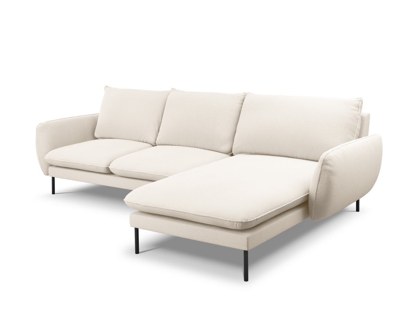 Cosmopolitan Design højrevendt bouclé-hjørnesofa, "Vienna", 5-personers, 255 × 170 × 95 cm, Ascot, sorte metalben