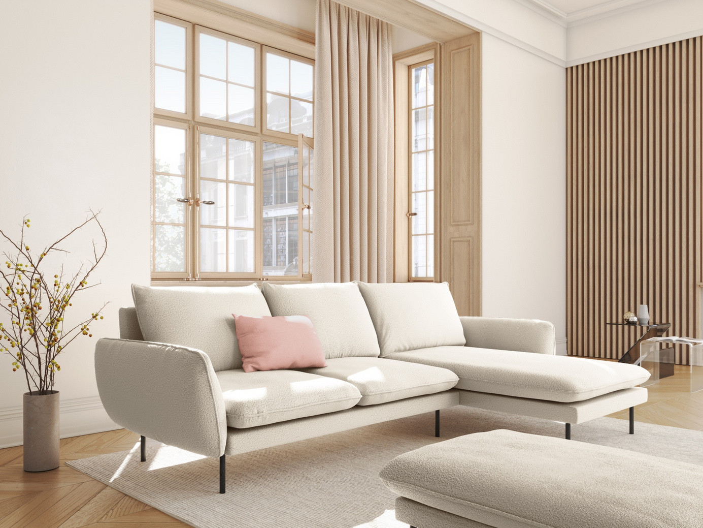 Cosmopolitan Design højrevendt bouclé-hjørnesofa, "Vienna", 5-personers, 255 × 170 × 95 cm, Ascot, sorte metalben