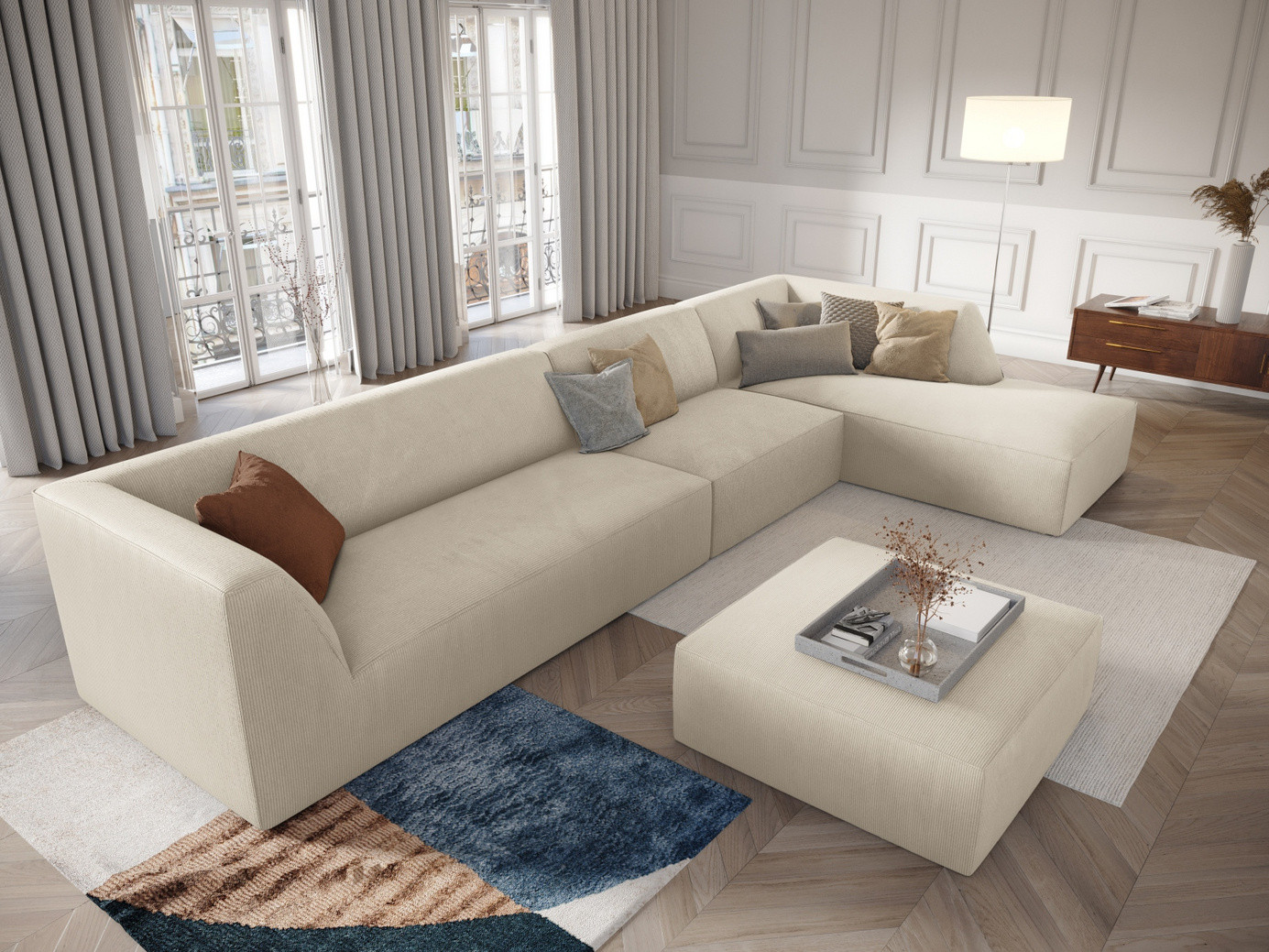 Cosmopolitan Design højrevendt modulhjørnesofa, "Siena", 5-personers, 366 × 180 × 69 cm, Scala, sorte plastben