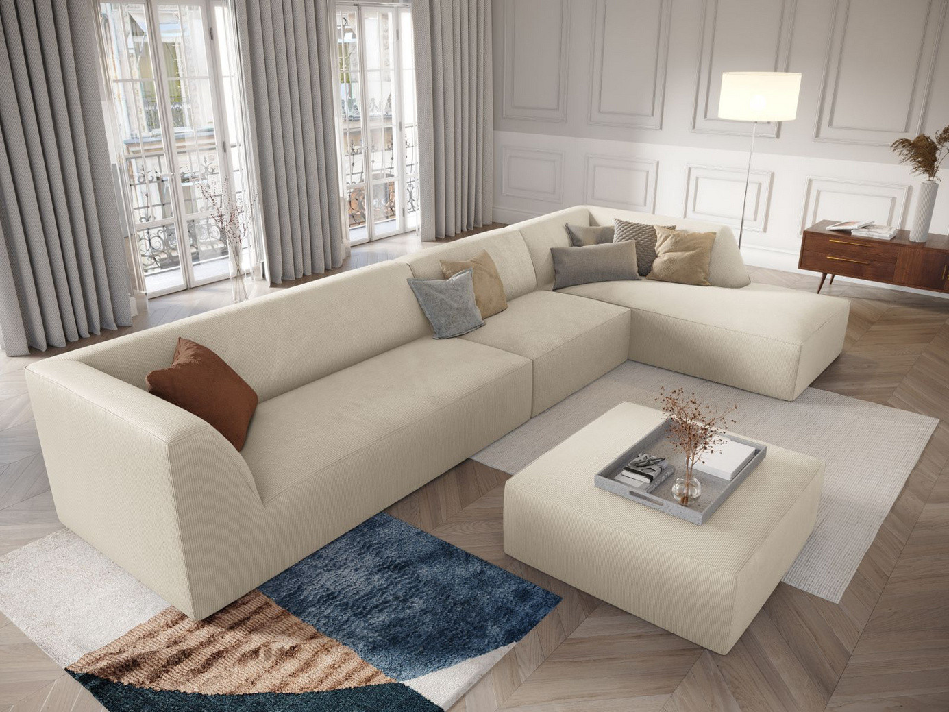 Cosmopolitan Design højrevendt modulhjørnesofa, "Siena", 5-personers, 366 × 180 × 69 cm, Scala, sorte plastben