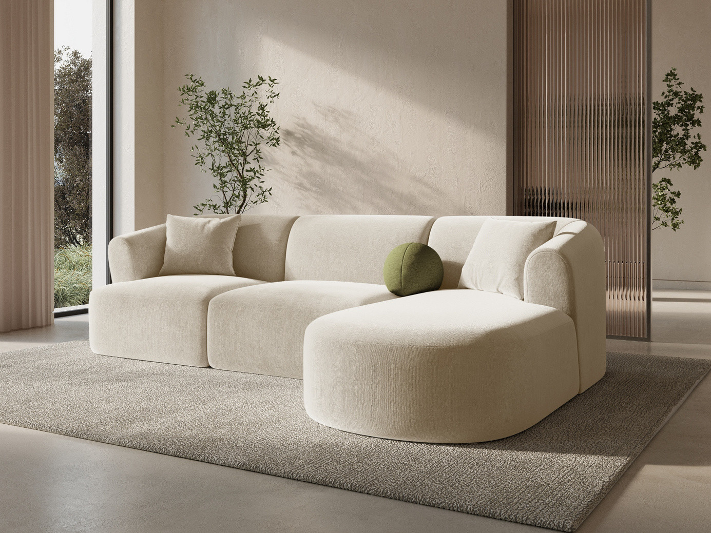 Cosmopolitan Design højrevendt velourmodulhjørnesofa, "Campi", 4-personers, 256 × 156 × 70 cm, Vogue, sorte plastben