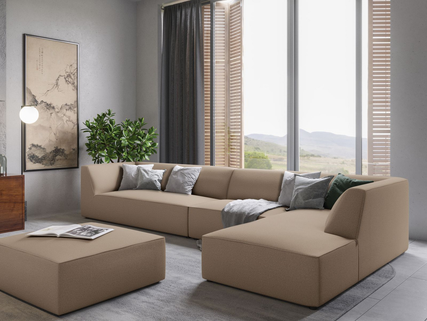 Cosmopolitan Design højrevendt modulhjørnesofa, "Siena", 5-personers, 366 × 180 × 69 cm, Ottawa, sorte plastben