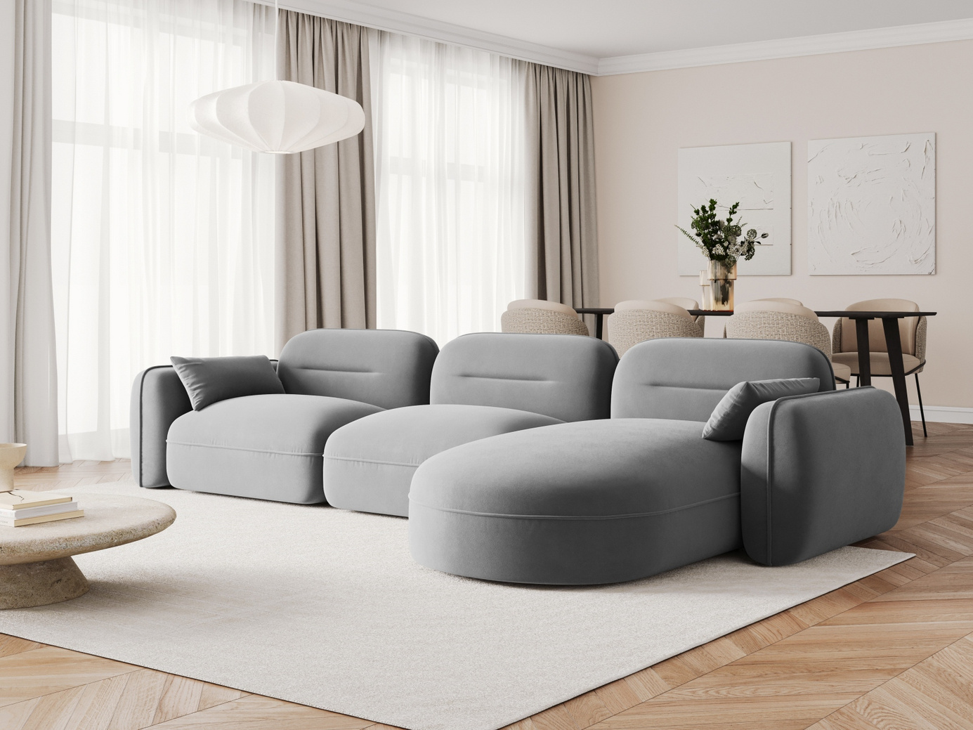 Cosmopolitan Design højrevendt velourmodulhjørnesofa, "Sydney", 4-personers, 320 × 165 × 70 cm, Casino, sorte plastben