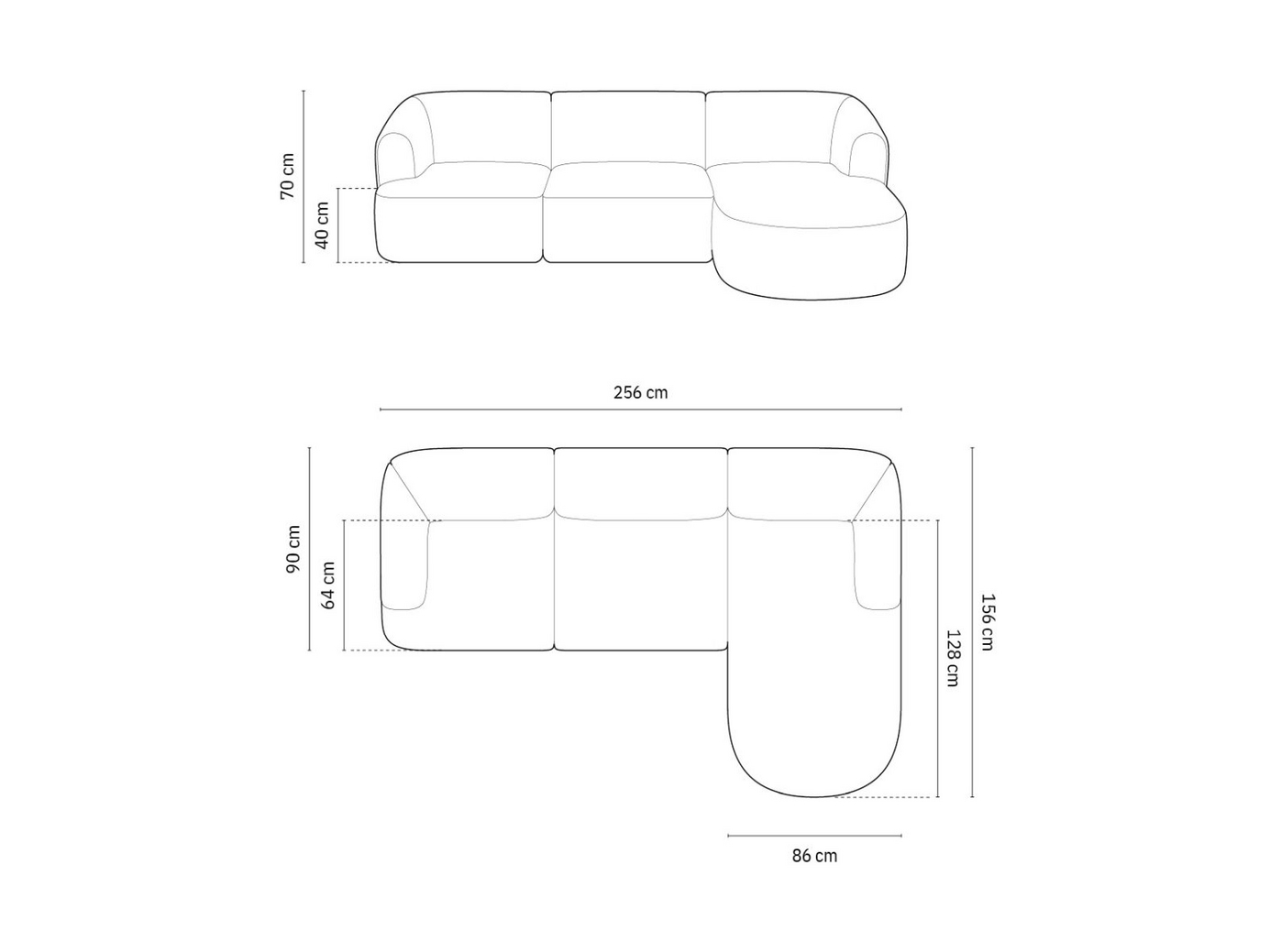 Cosmopolitan Design højrevendt modulhjørnesofa, "Campi", 4-personers, 256 × 156 × 70 cm, Lincoln, sorte plastben