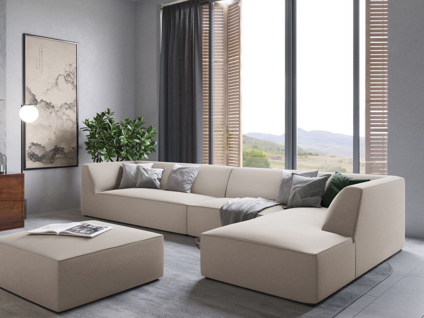 Cosmopolitan Design højrevendt velourmodulhjørnesofa, "Siena", 5-personers, 366 × 180 × 69 cm, Salvador, sorte plastben, Variant RC_L_44