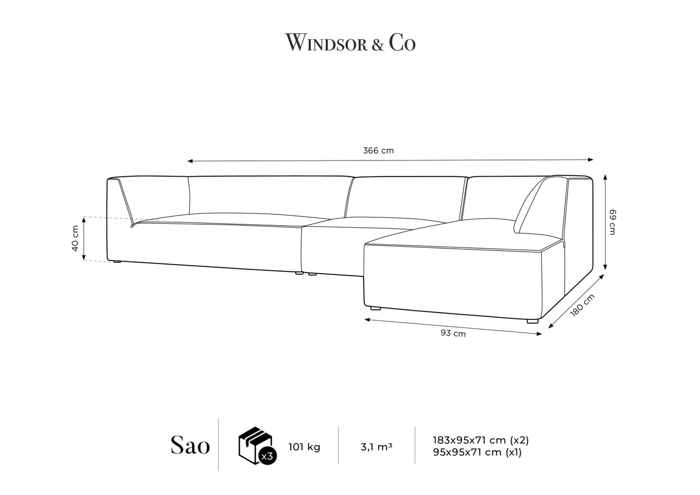 Cosmopolitan Design højrevendt velourmodulhjørnesofa, "Siena", 5-personers, 366 × 180 × 69 cm, Salvador, sorte plastben, Variant RC_L_44