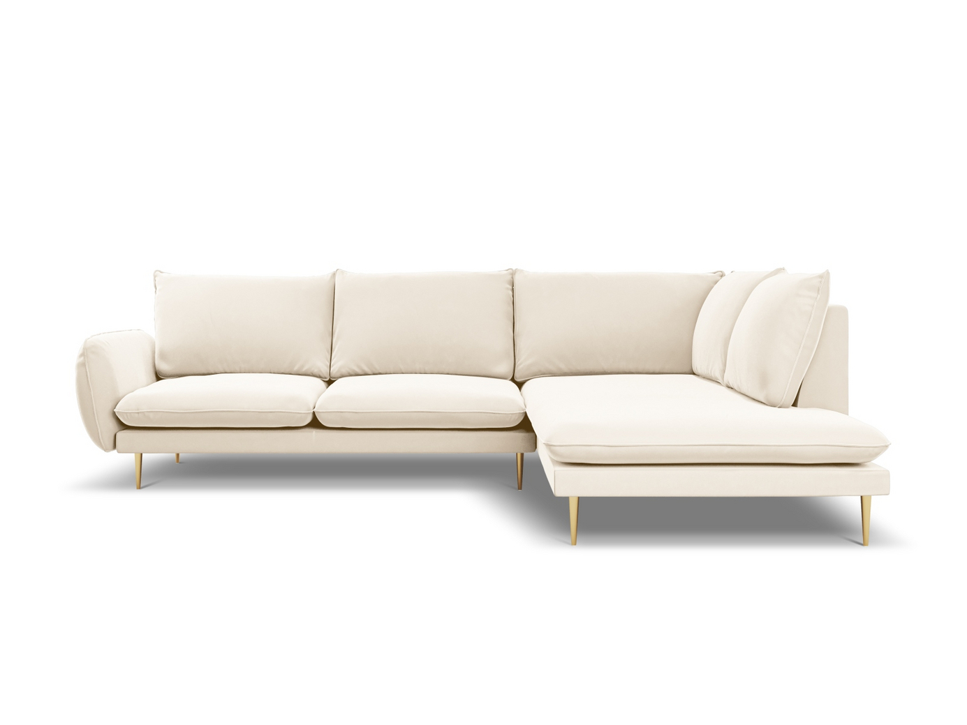 Cosmopolitan Design højrevendt velourhjørnesofa, "Vienna", 6-personers, 275 × 185 × 95 cm, Bluvel, guldfarvede metalben