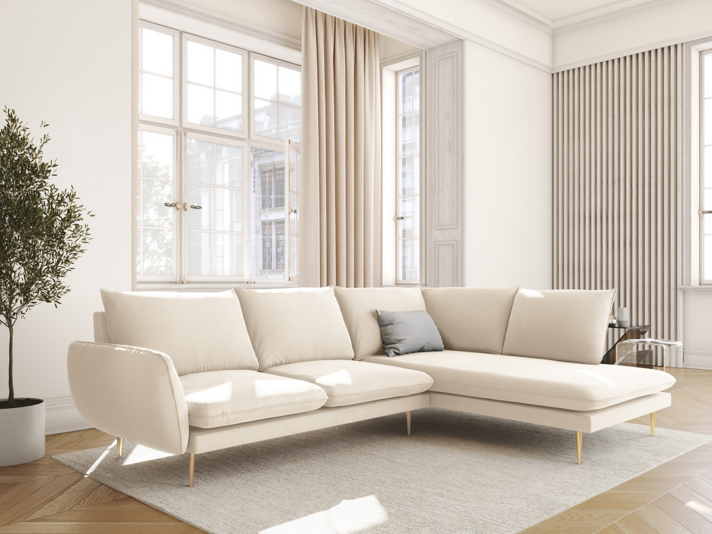 Cosmopolitan Design højrevendt velourhjørnesofa, "Vienna", 6-personers, 275 × 185 × 95 cm, Bluvel, guldfarvede metalben