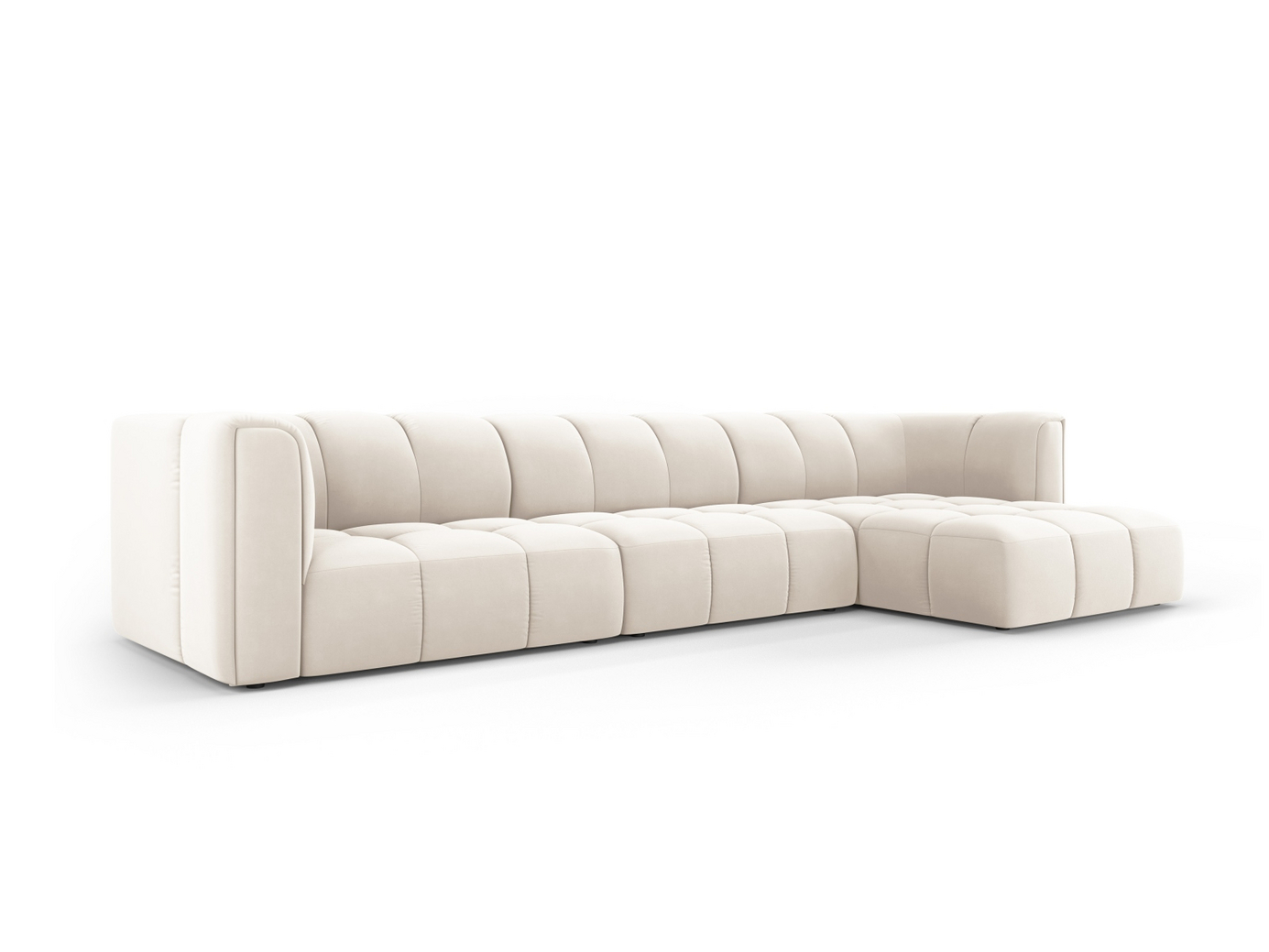 Cosmopolitan Design højrevendt velourmodulhjørnesofa, "Moritz", 5-personers, 316 × 160 × 70 cm, Bluvel, sorte plastben