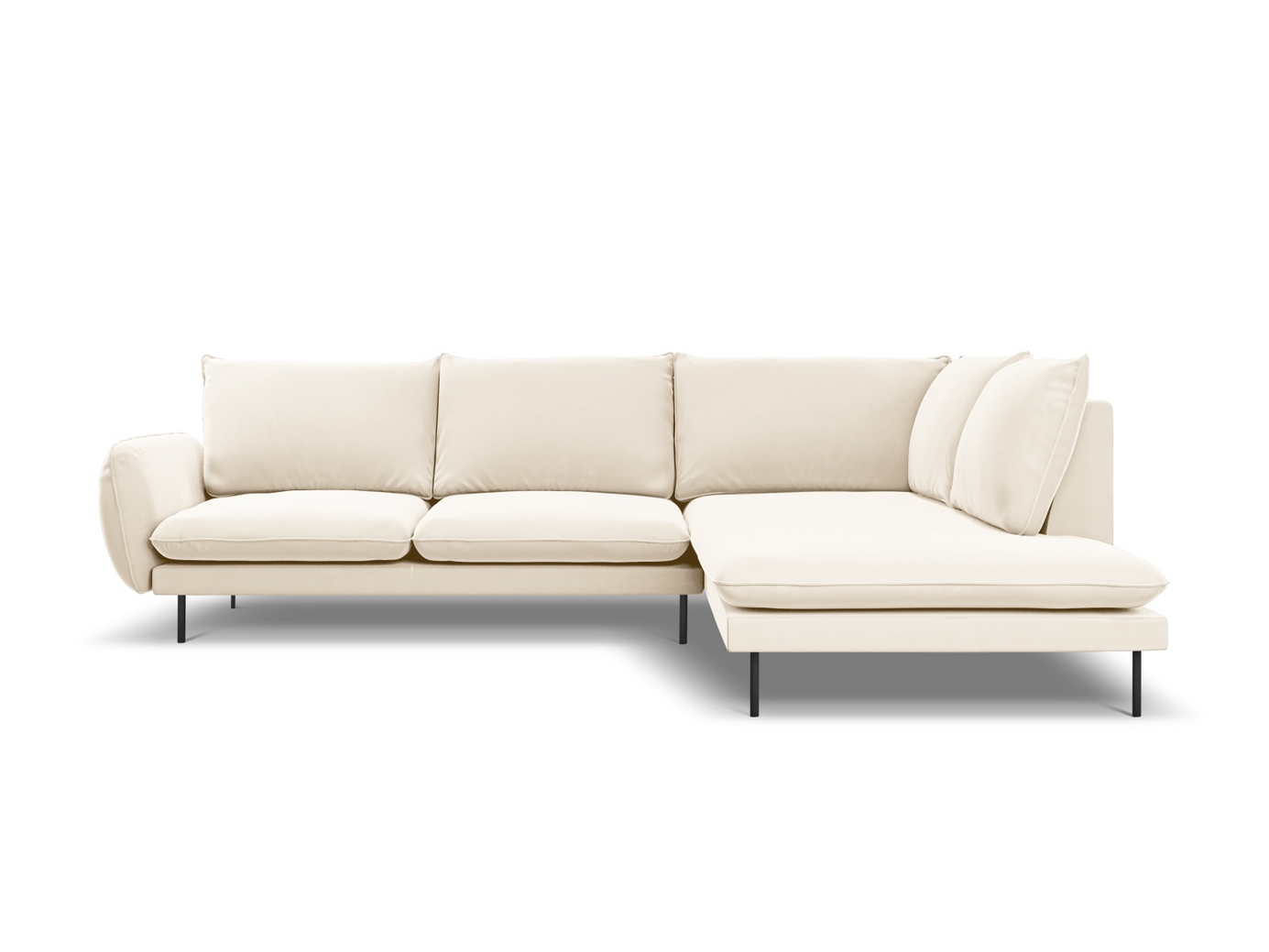 Cosmopolitan Design højrevendt velourhjørnesofa, "Vienna", 6-personers, 275 × 185 × 95 cm, Bluvel, sorte metalben