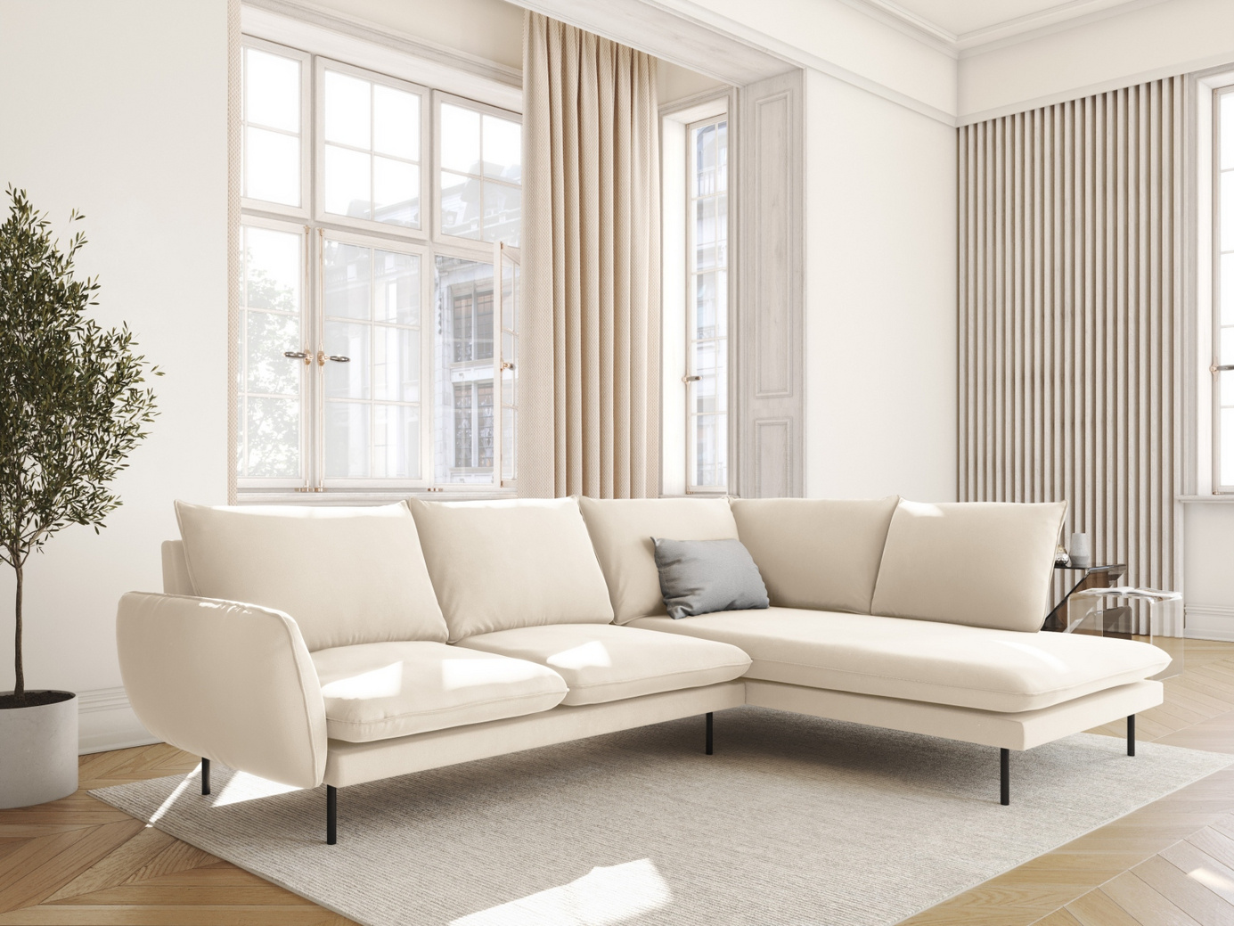 Cosmopolitan Design højrevendt velourhjørnesofa, "Vienna", 6-personers, 275 × 185 × 95 cm, Bluvel, sorte metalben