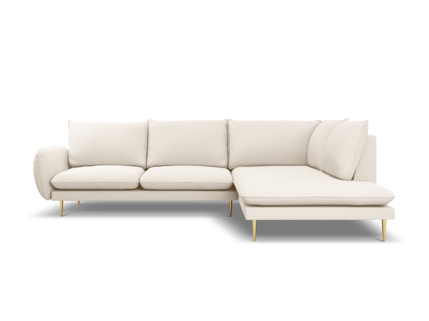 Cosmopolitan Design højrevendt bouclé-hjørnesofa, "Vienna", 6-personers, 275 × 185 × 95 cm, Ascot, guldfarvede metalben