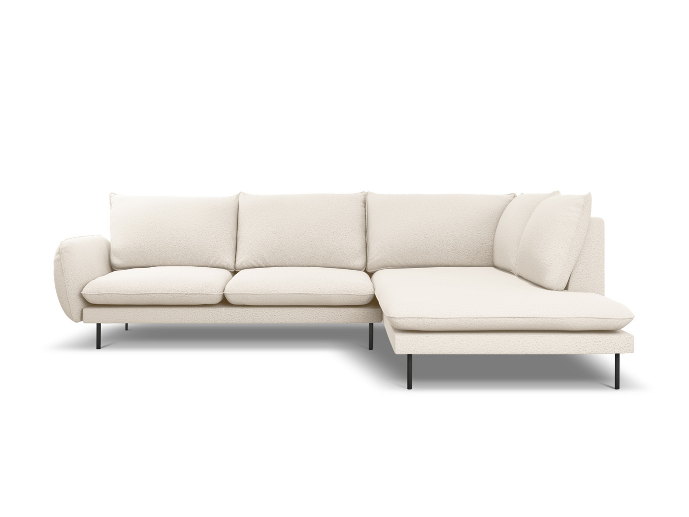 Cosmopolitan Design højrevendt bouclé-hjørnesofa, "Vienna", 6-personers, 275 × 185 × 95 cm, Ascot, sorte metalben