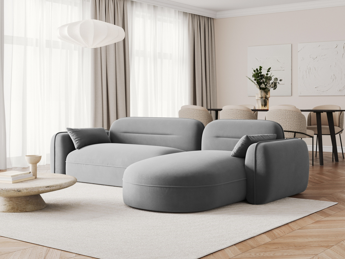 Cosmopolitan Design højrevendt velourmodulhjørnesofa, "Sydney", 4-personers, 275 × 165 × 70 cm, Casino, sorte plastben